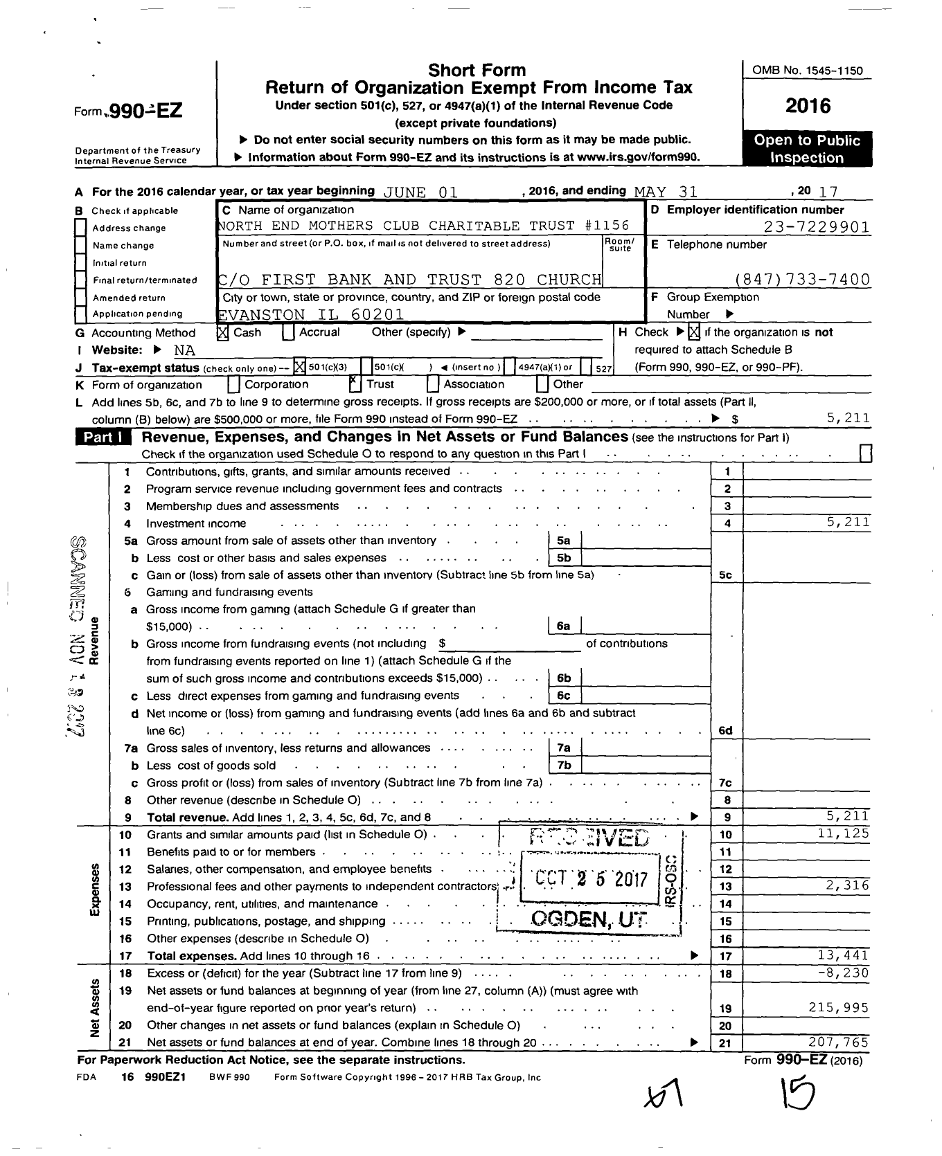 Image of first page of 2016 Form 990EZ for North End Mothers Club Charitable Trust #1156