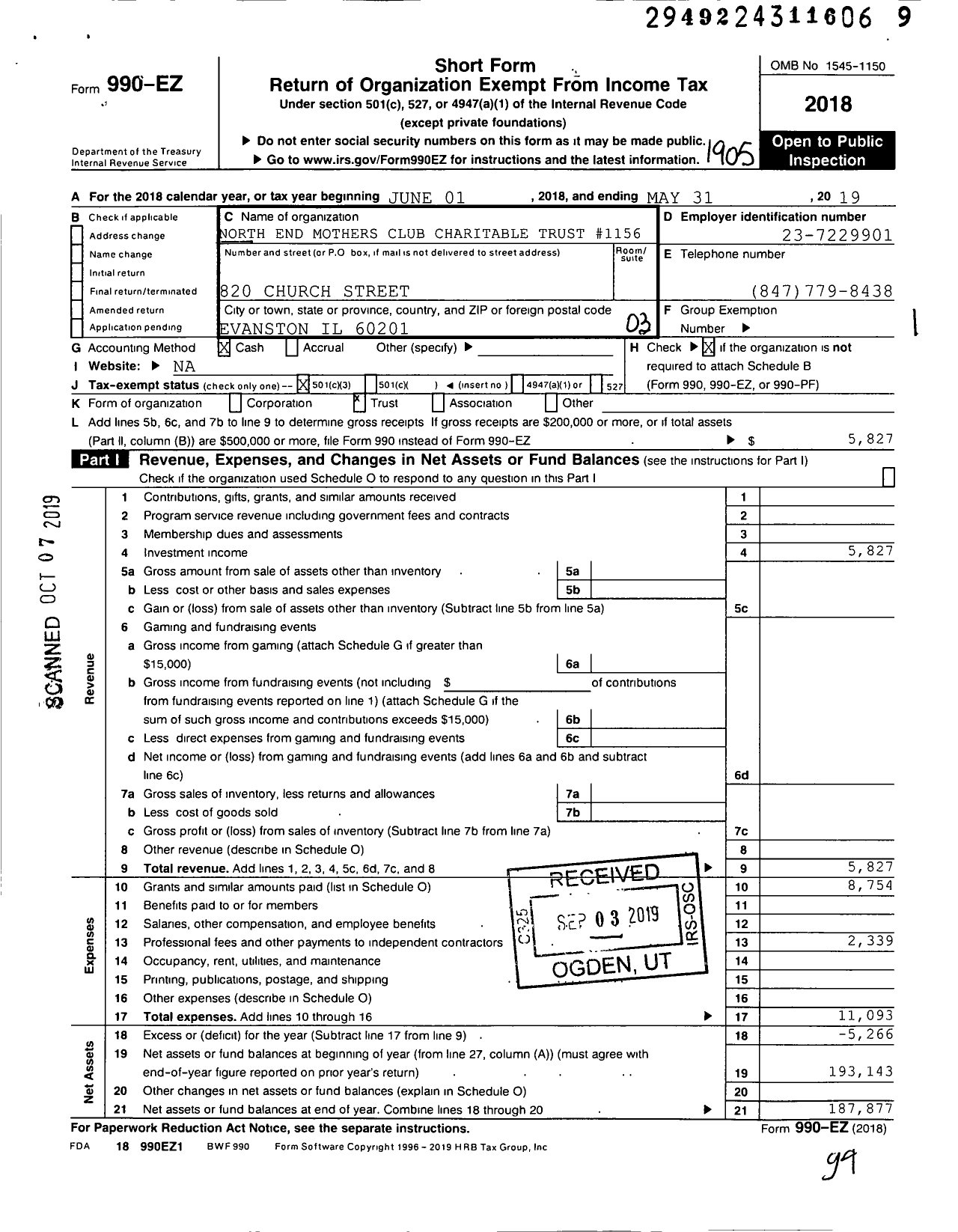 Image of first page of 2018 Form 990EZ for North End Mothers Club Charitable Trust #1156