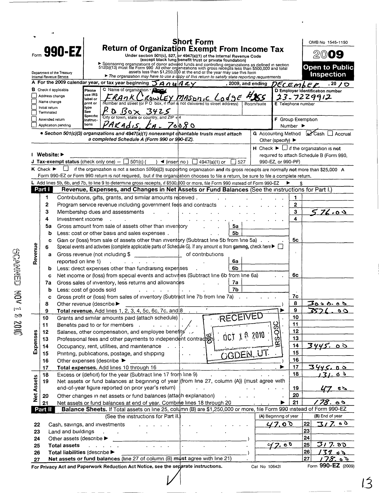 Image of first page of 2010 Form 990EO for M W Prince Hall Grand Lodge Free and Accepted Masons of Louisiana - 255 Frank Crowley Lodge