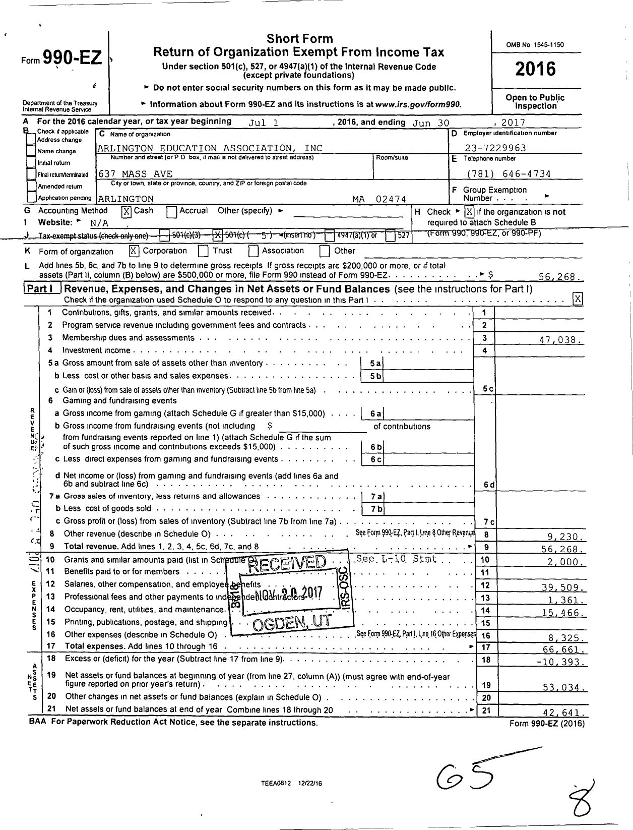 Image of first page of 2016 Form 990EO for Massachusetts Teachers Association - 109 Arlington Educators Assn