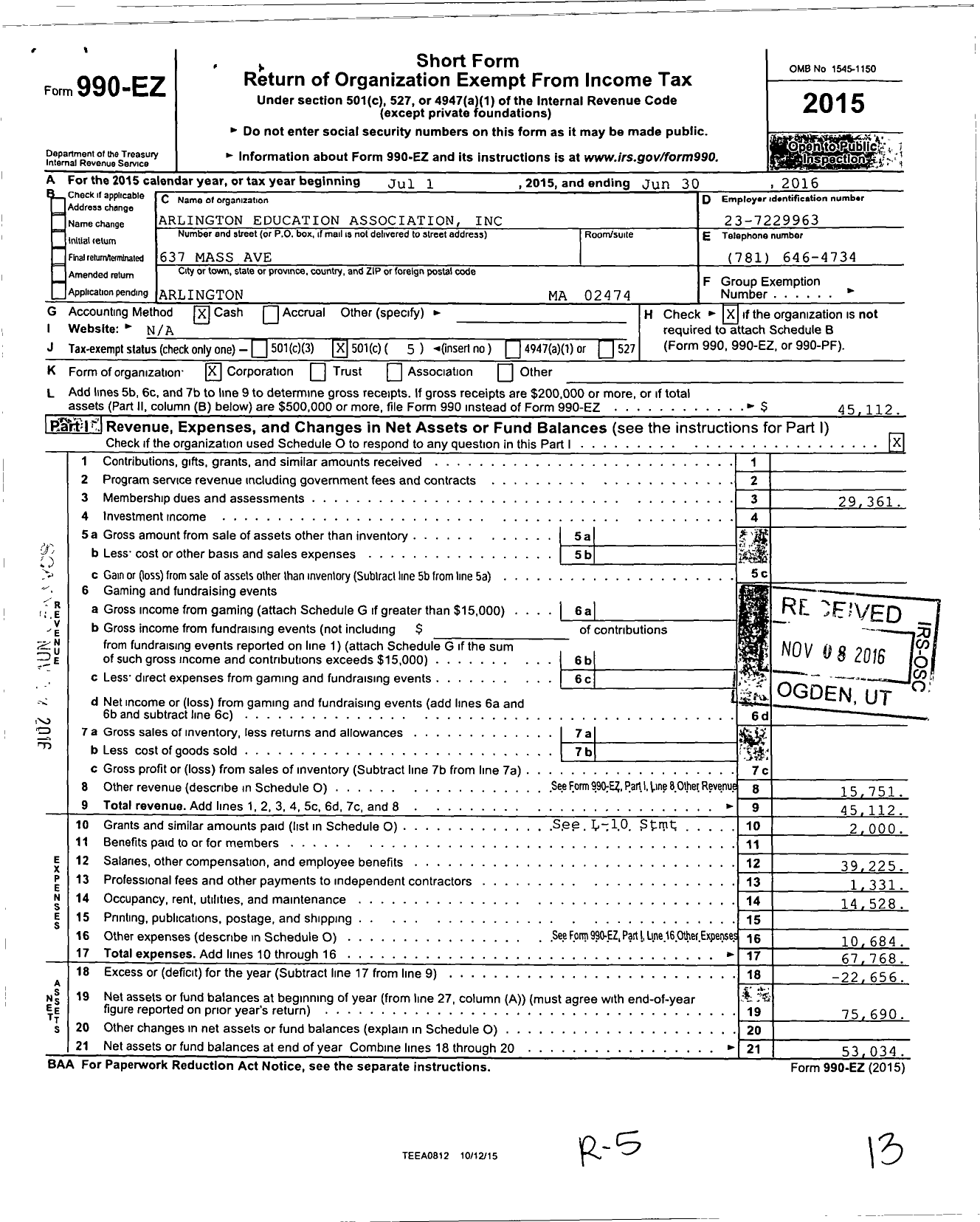 Image of first page of 2015 Form 990EO for Massachusetts Teachers Association - 109 Arlington Educators Assn