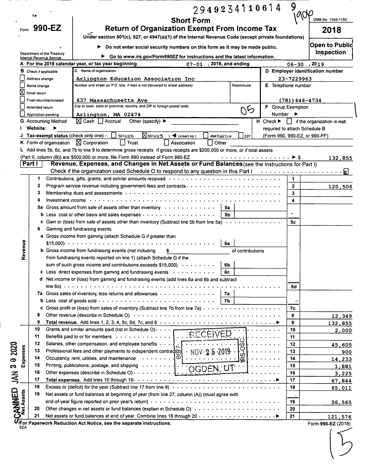 Image of first page of 2018 Form 990EO for Massachusetts Teachers Association - 109 Arlington Educators Assn