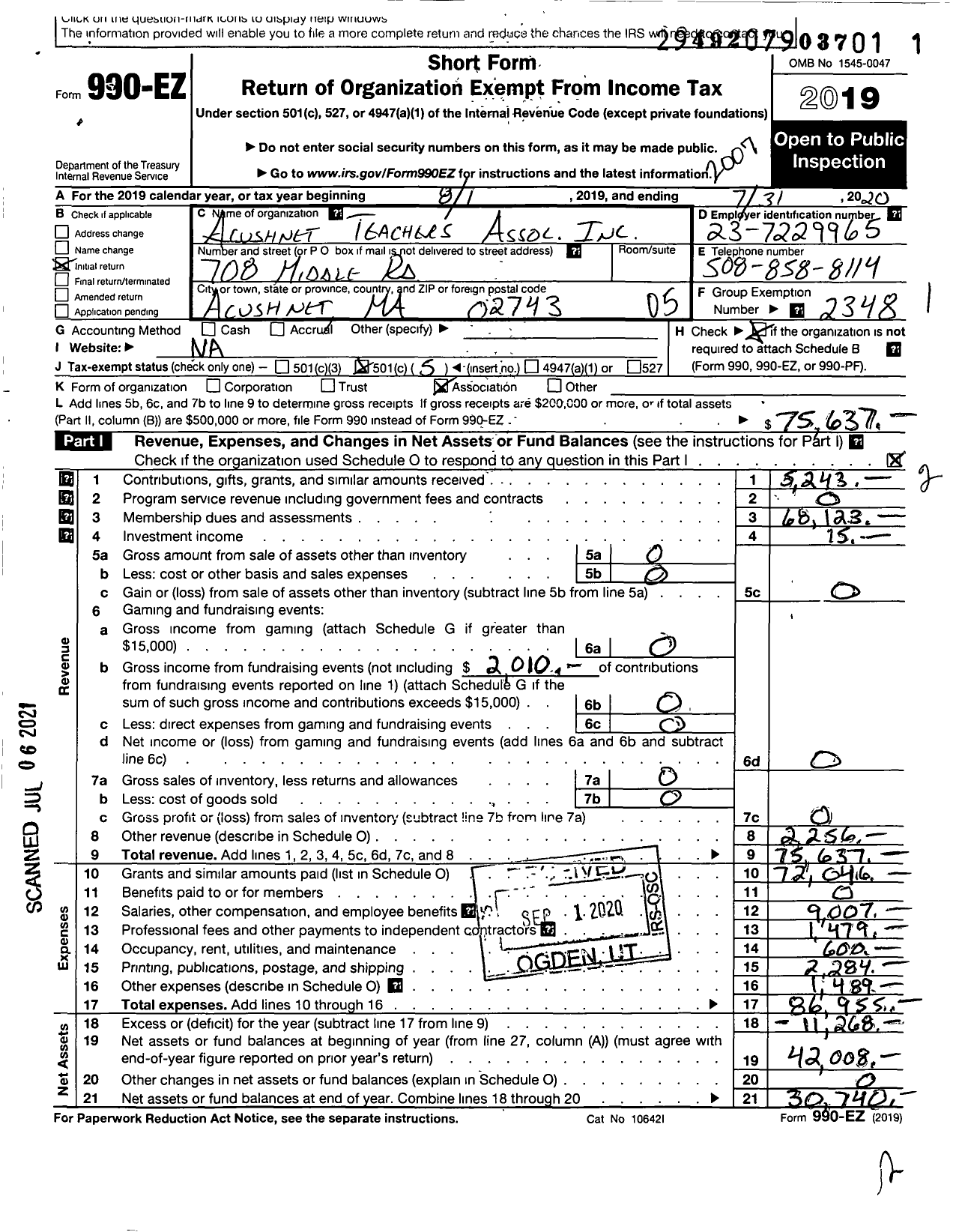 Image of first page of 2019 Form 990EO for Acushnet Teachers Association