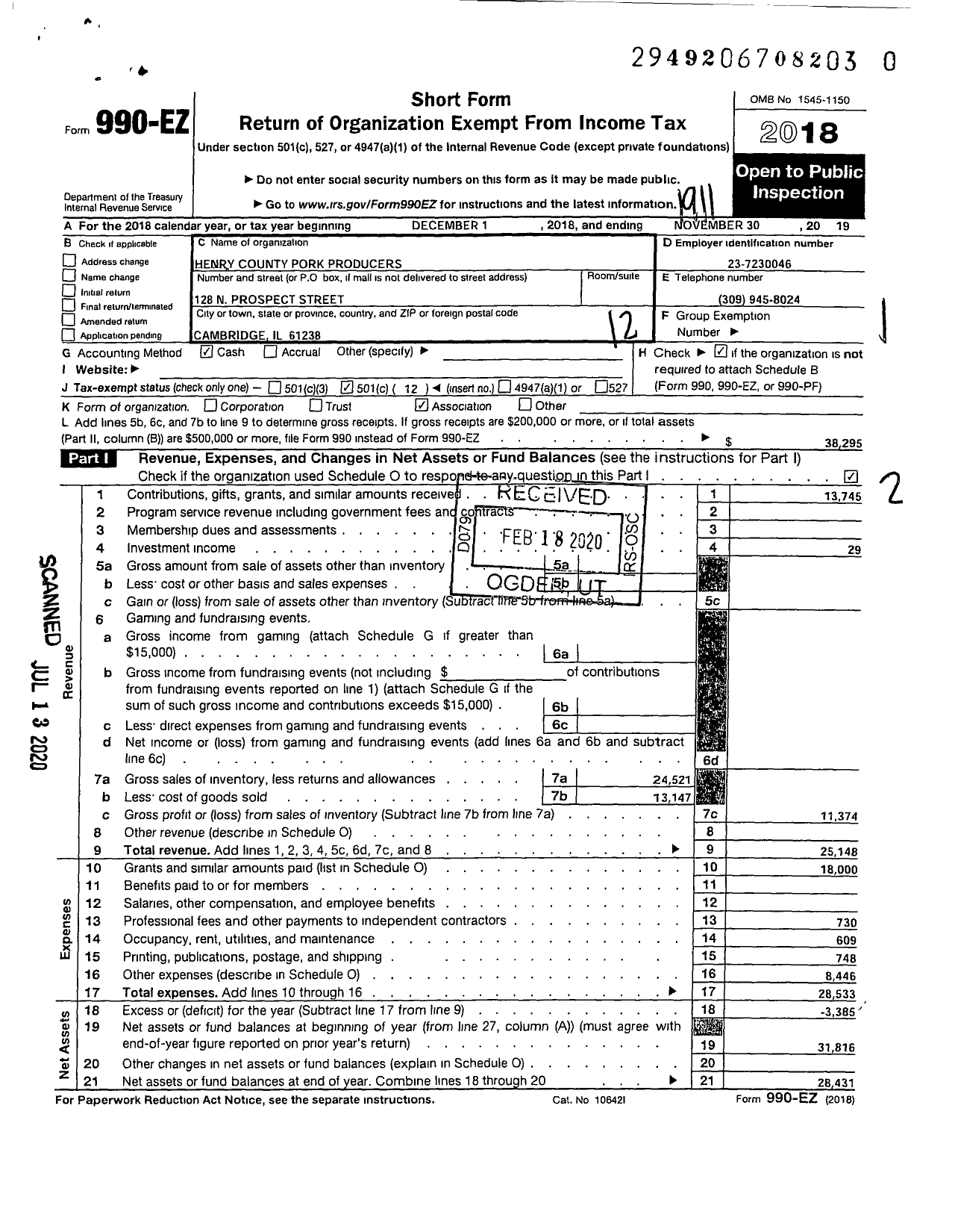 Image of first page of 2018 Form 990EO for Henry County Pork Producers