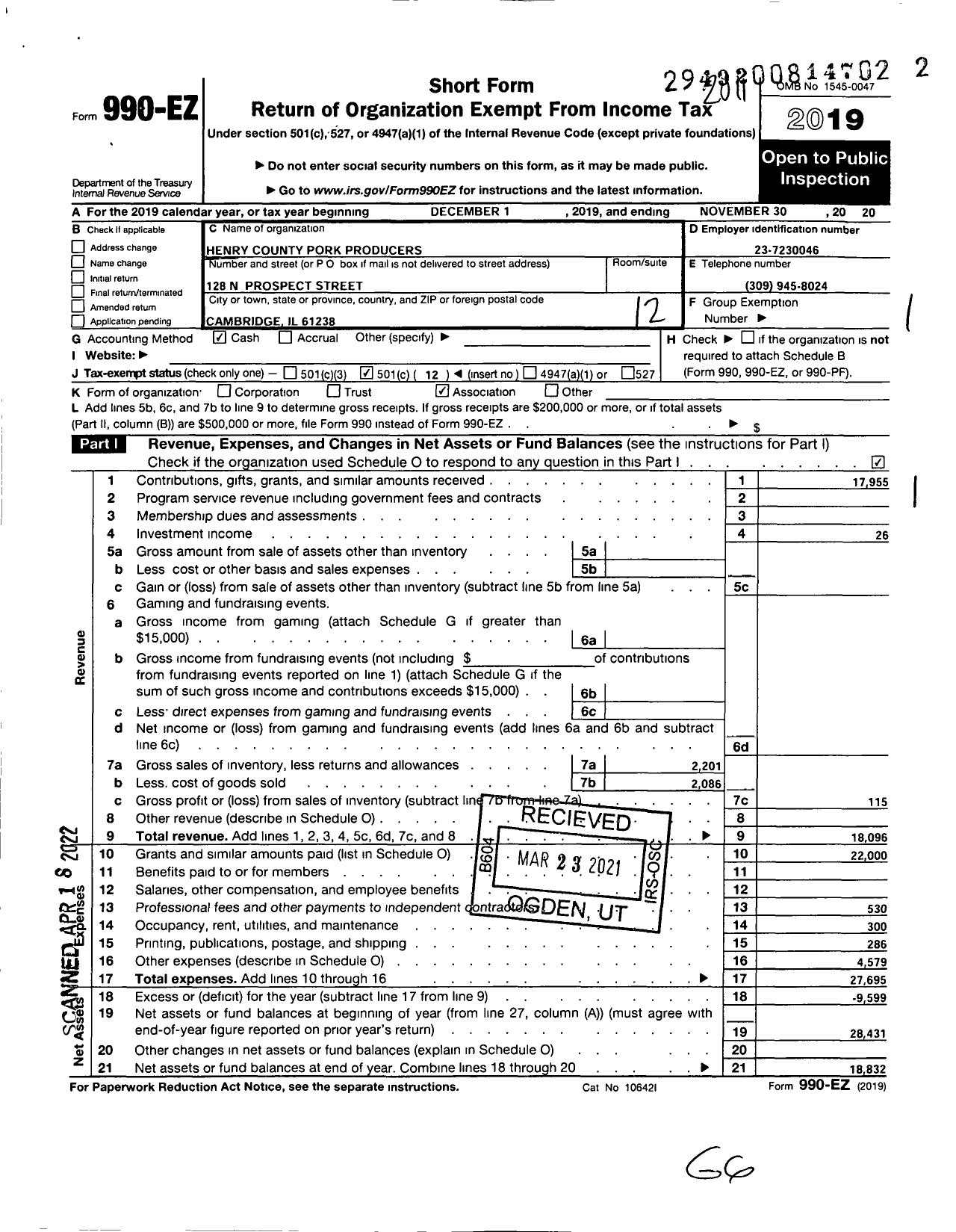 Image of first page of 2019 Form 990EO for Henry County Pork Producers