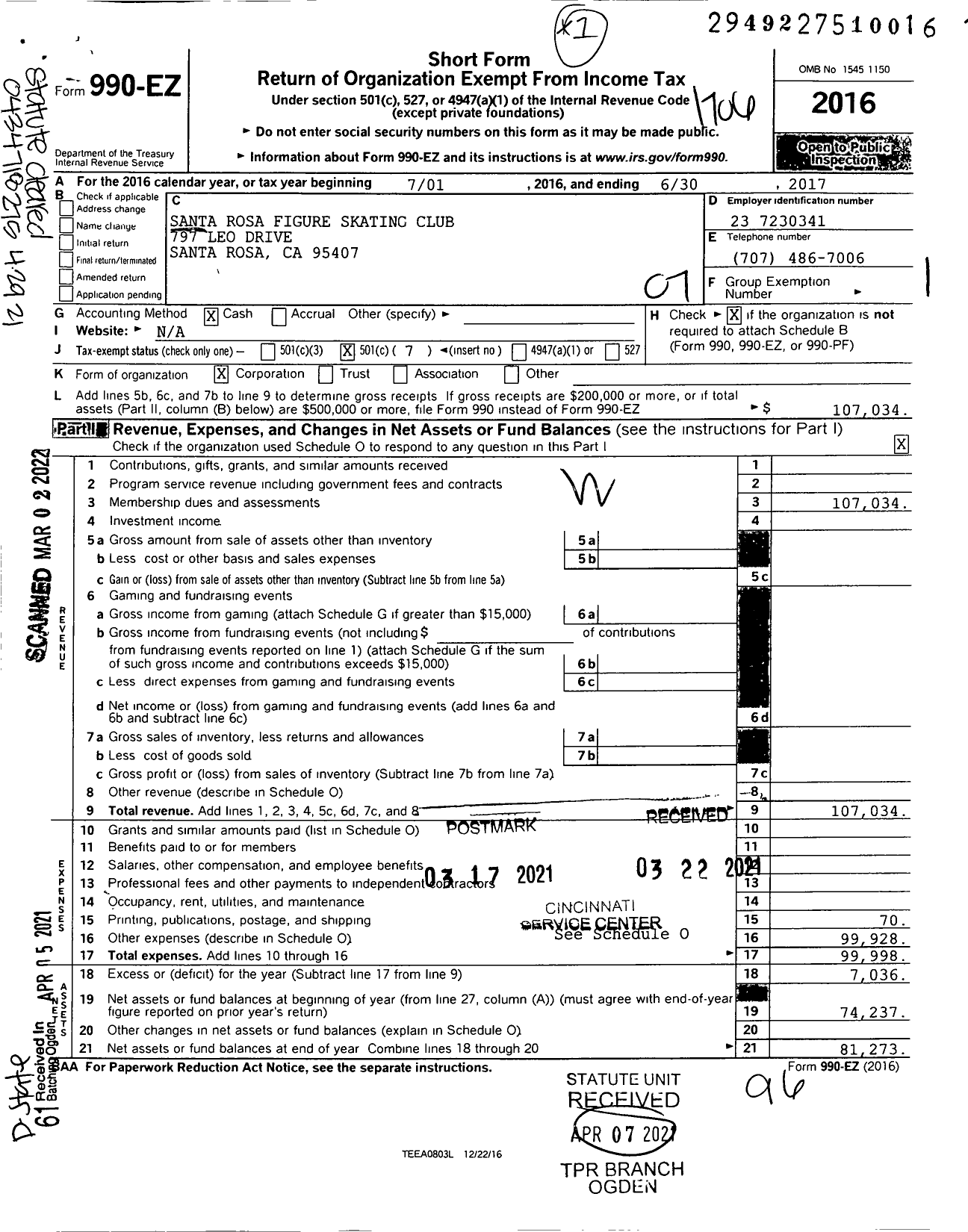 Image of first page of 2016 Form 990EO for Santa Rosa Figure Skating Club