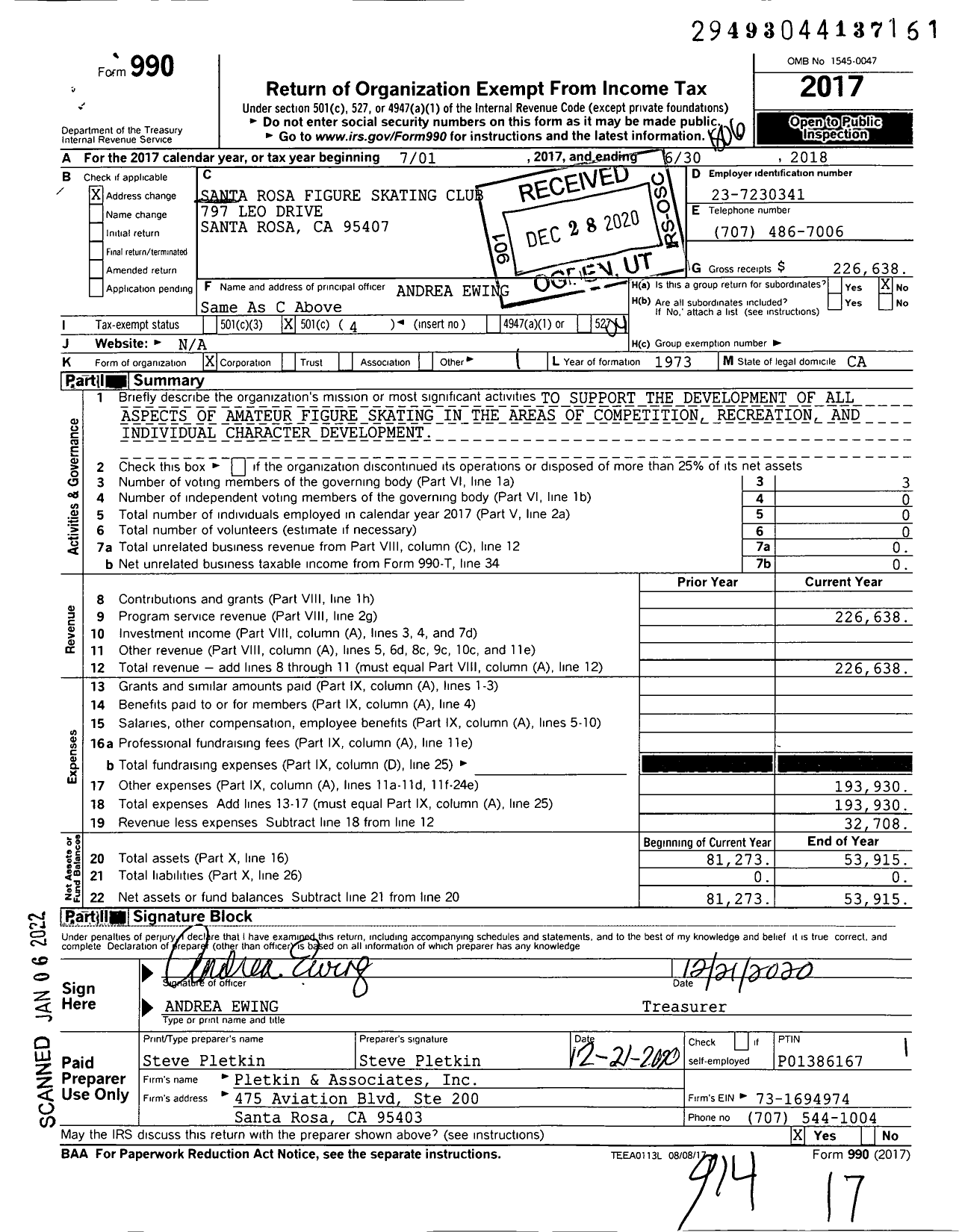 Image of first page of 2017 Form 990O for Santa Rosa Figure Skating Club