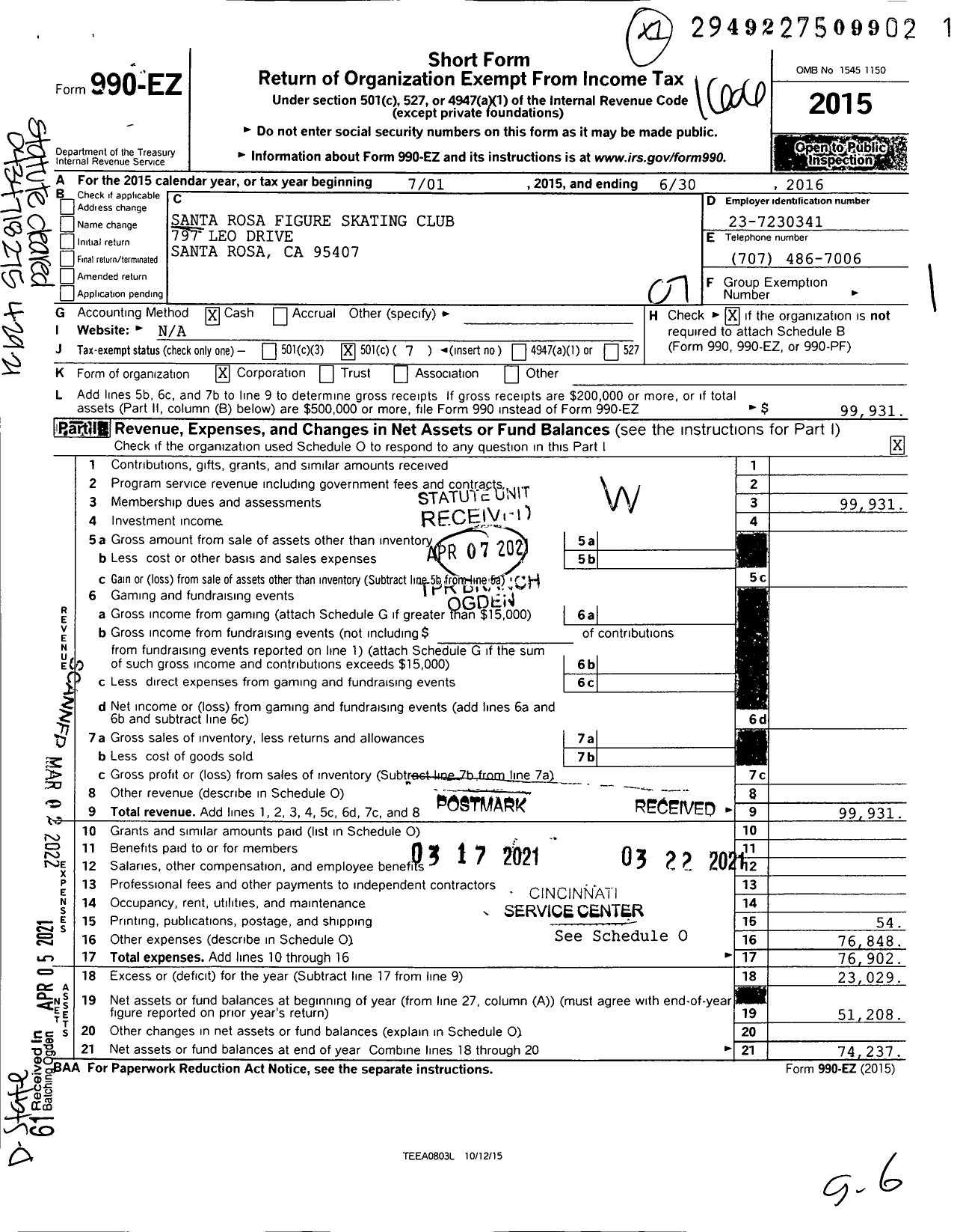 Image of first page of 2015 Form 990EO for Santa Rosa Figure Skating Club