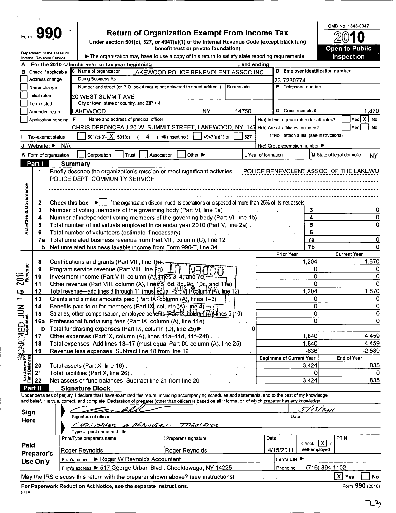 Image of first page of 2010 Form 990O for Lakewood Police Benevolent Association