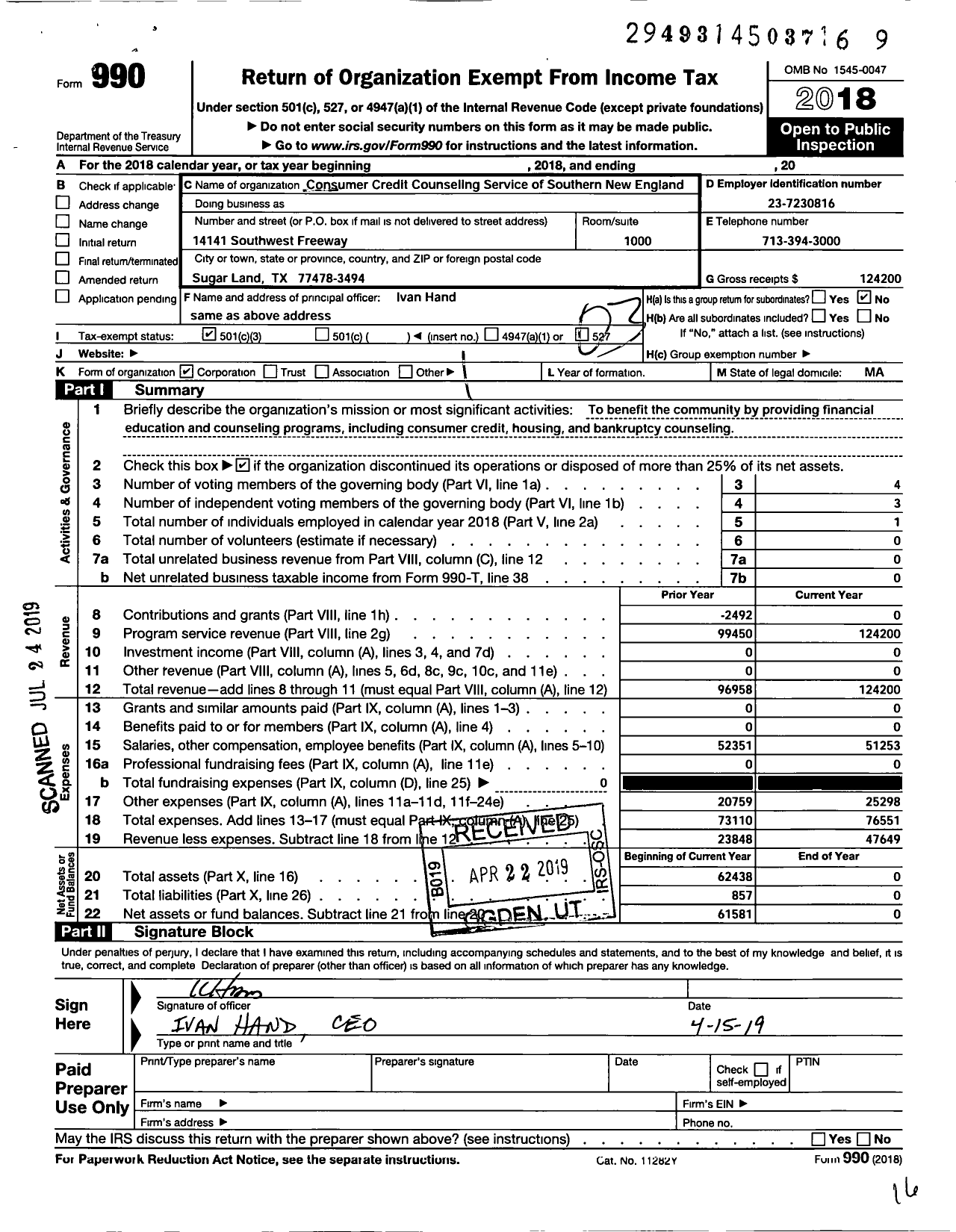 Image of first page of 2018 Form 990 for Consumer Credit Counseling Service of Southern New England