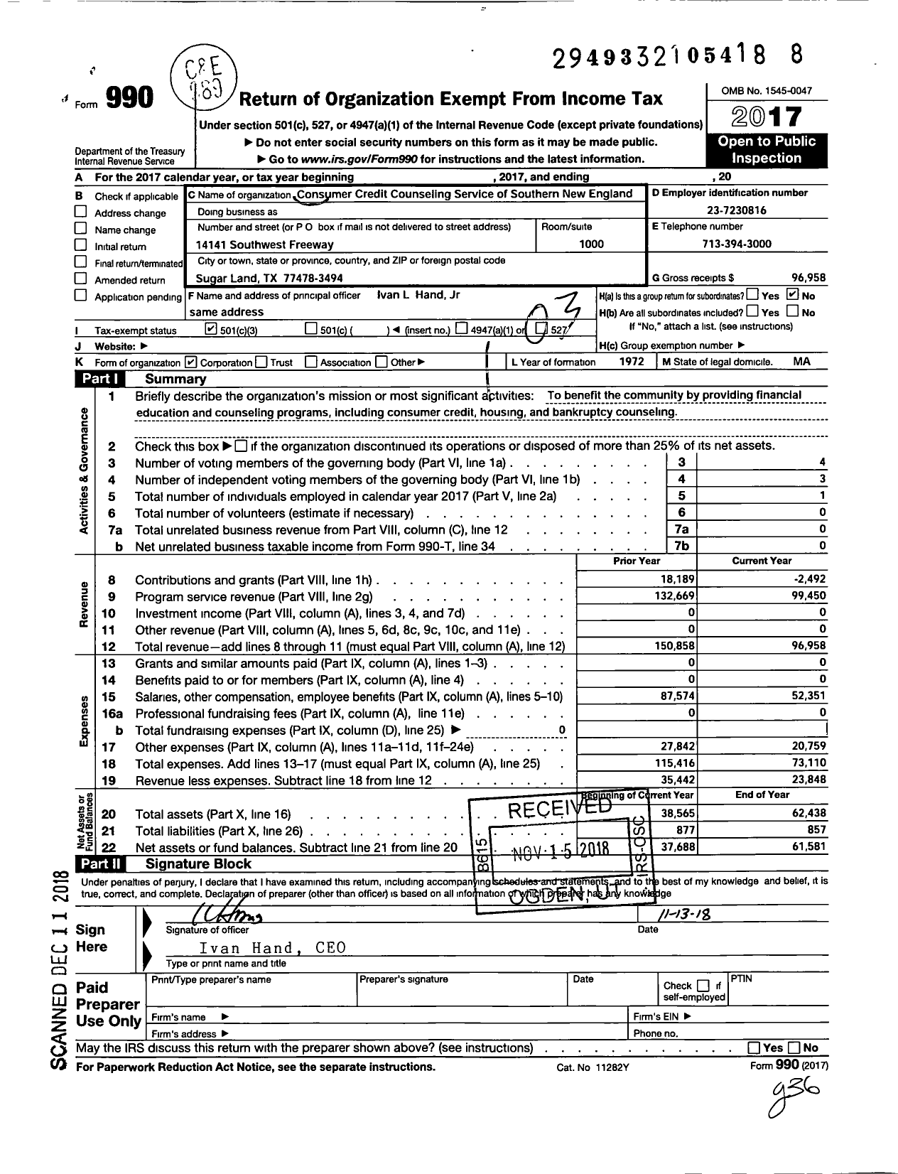 Image of first page of 2017 Form 990 for Consumer Credit Counseling Service of Southern New England