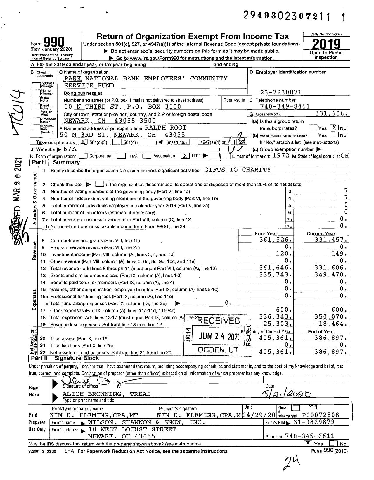 Image of first page of 2019 Form 990 for Park National Bank Employees' Community Service Fund