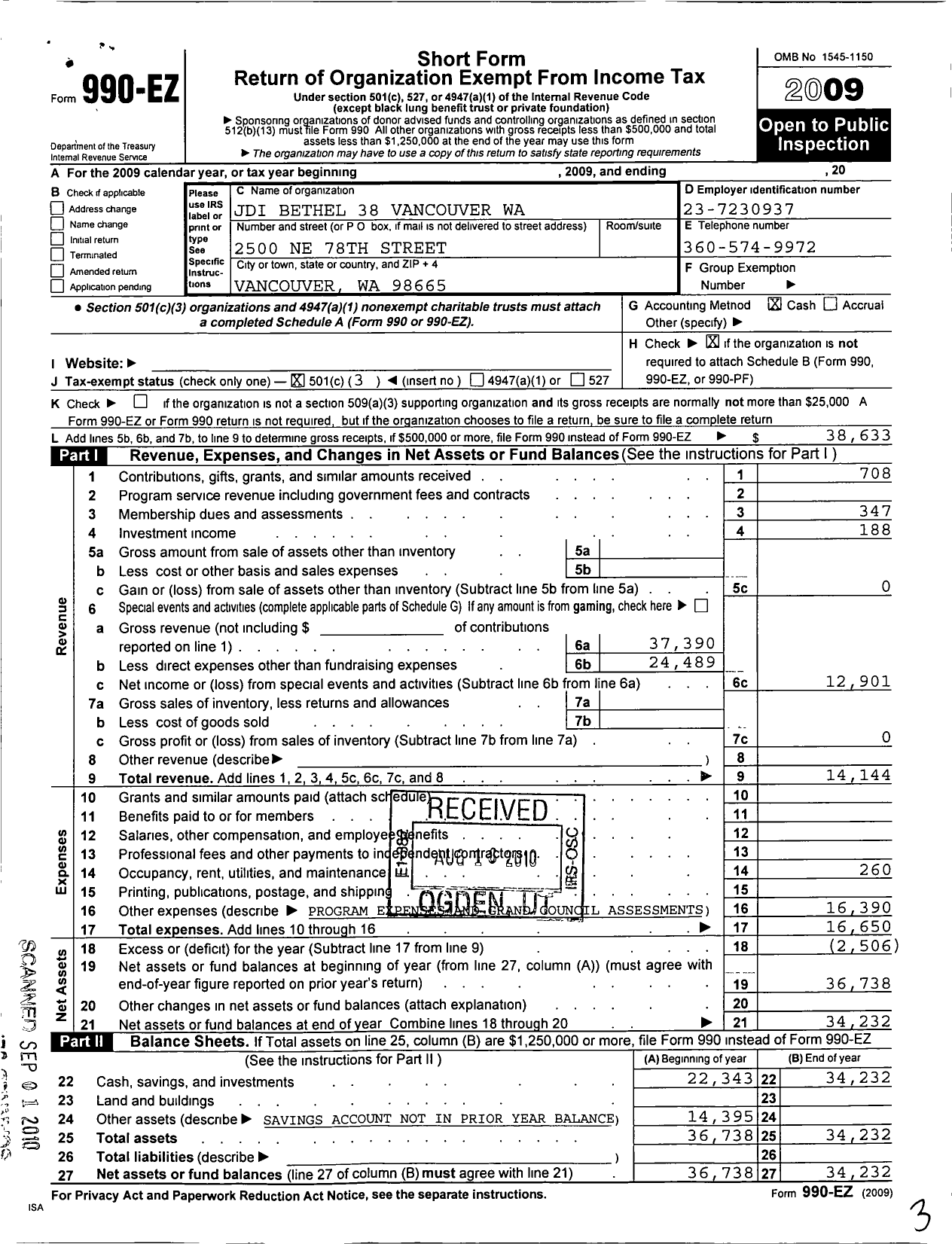 Image of first page of 2009 Form 990EZ for Jobs Daughters International - 38 Bethel