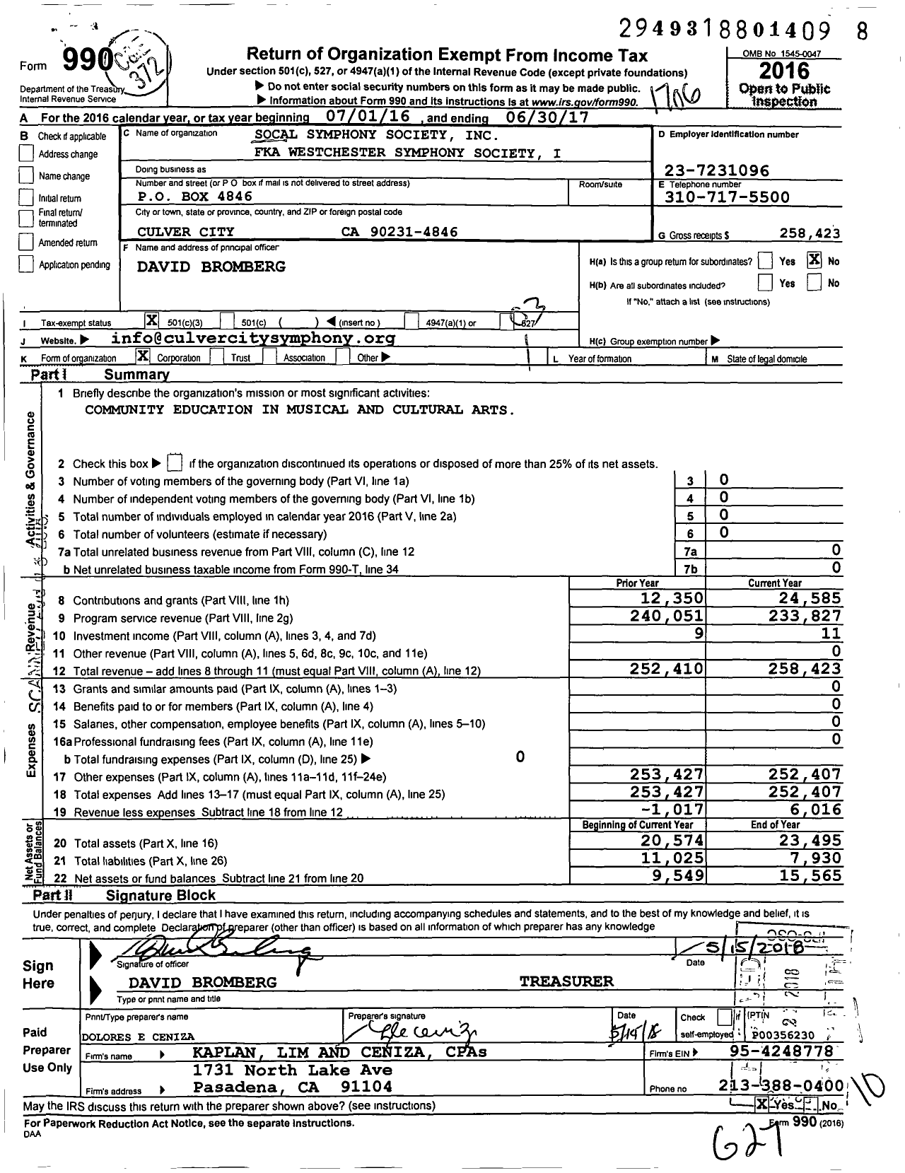 Image of first page of 2016 Form 990 for Culver City Symphony Orchestra Marina del Rey Summer Symphony