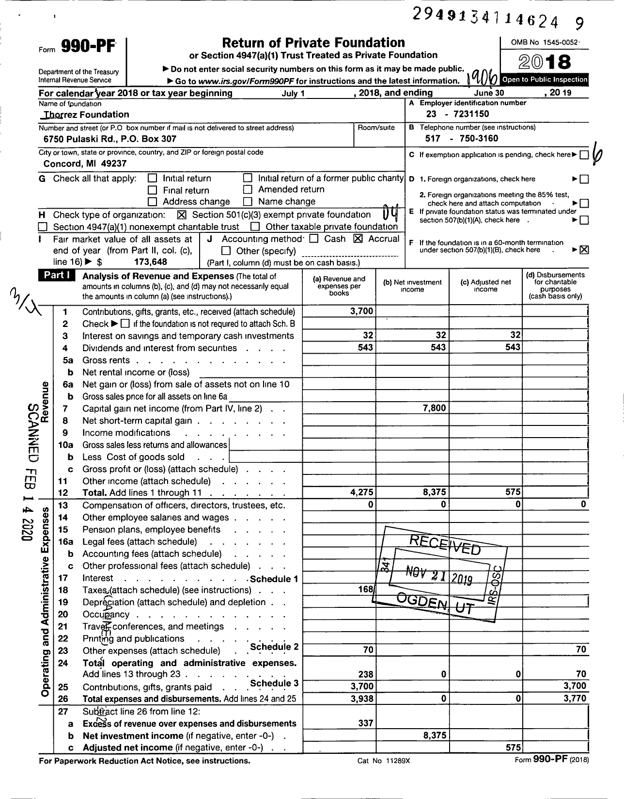 Image of first page of 2018 Form 990PF for Thorrez Foundation