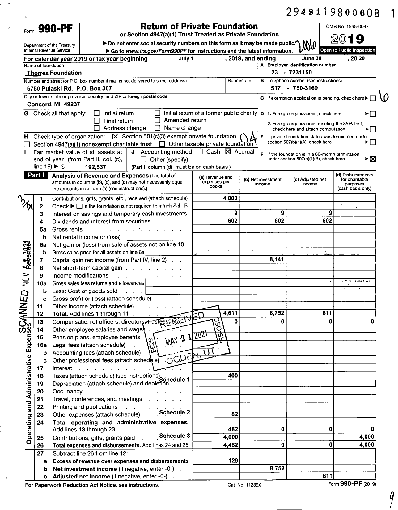 Image of first page of 2019 Form 990PF for Thorrez Foundation