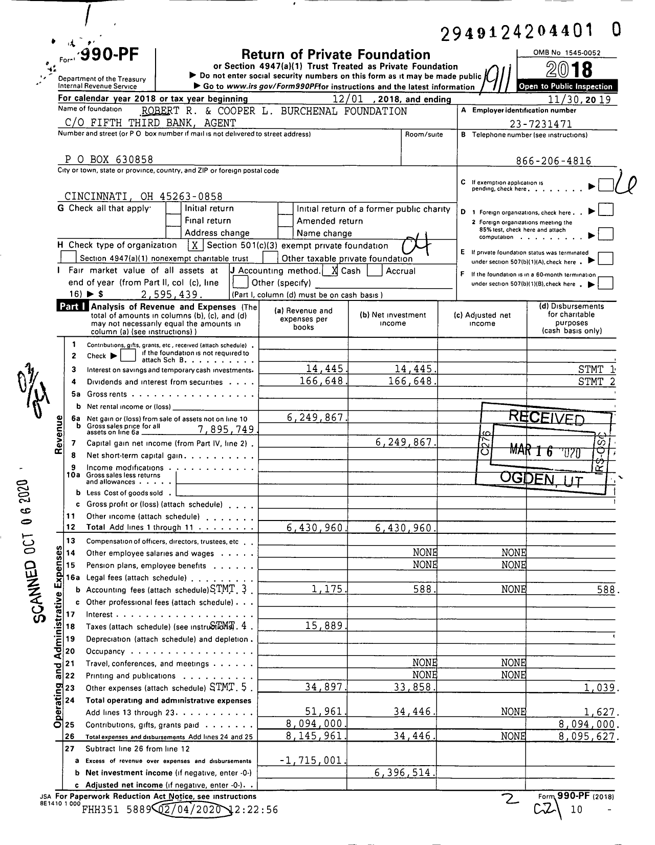 Image of first page of 2018 Form 990PR for Robert Rogan and Cooper L Burchenal Foundation