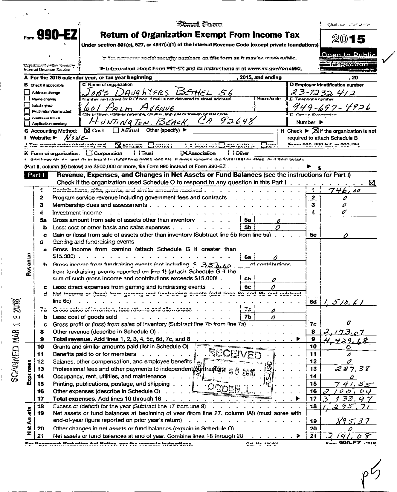 Image of first page of 2015 Form 990EZ for Jobs Daughters International - 56 Bethel