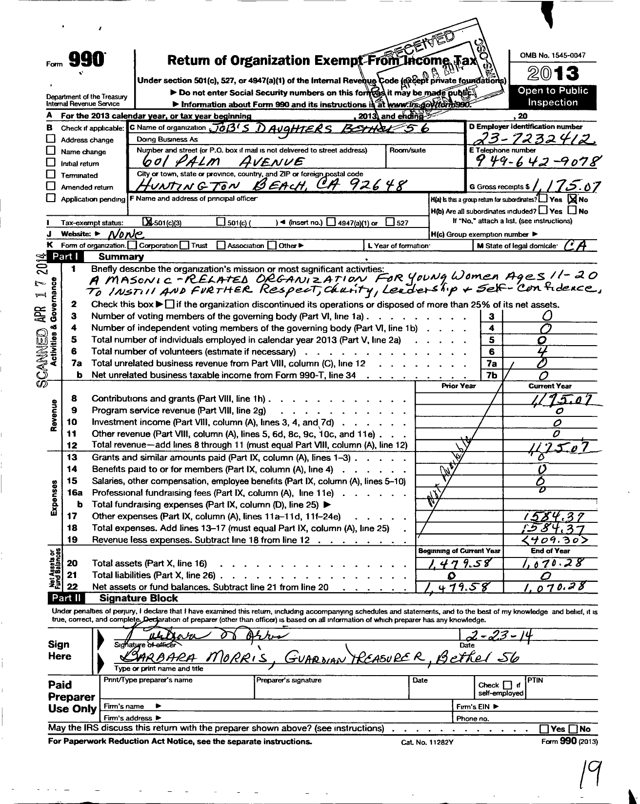 Image of first page of 2013 Form 990 for Jobs Daughters International - 56 Bethel