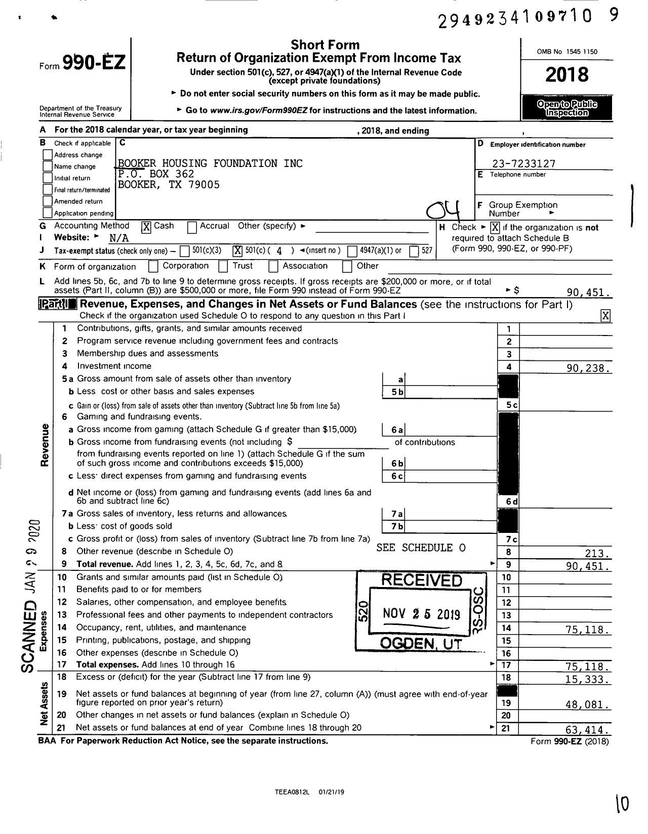 Image of first page of 2018 Form 990EO for Booker Housing Foundation