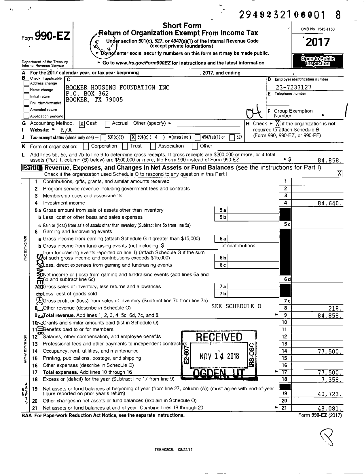 Image of first page of 2017 Form 990EO for Booker Housing Foundation