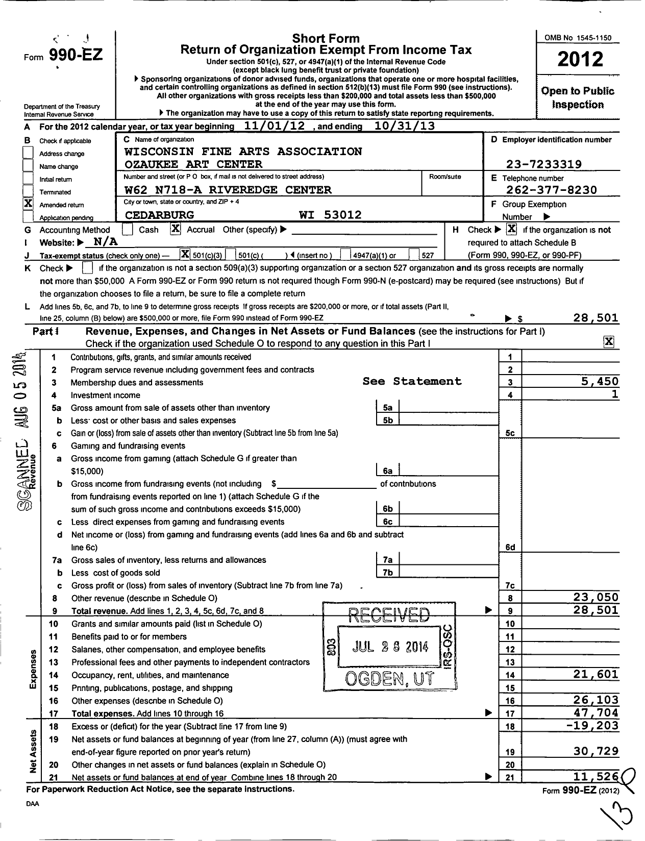 Image of first page of 2012 Form 990EZ for Wisconsin Fine Arts Association Ozaukee Art Center