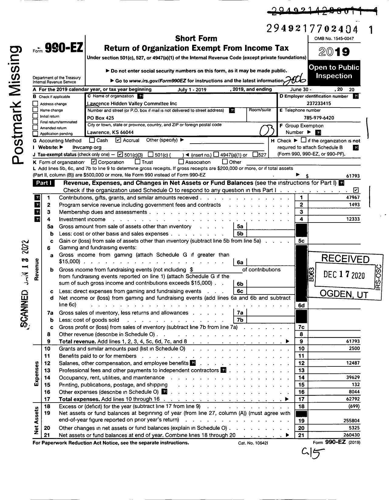 Image of first page of 2019 Form 990EZ for Lawrence Hidden Valley Committee