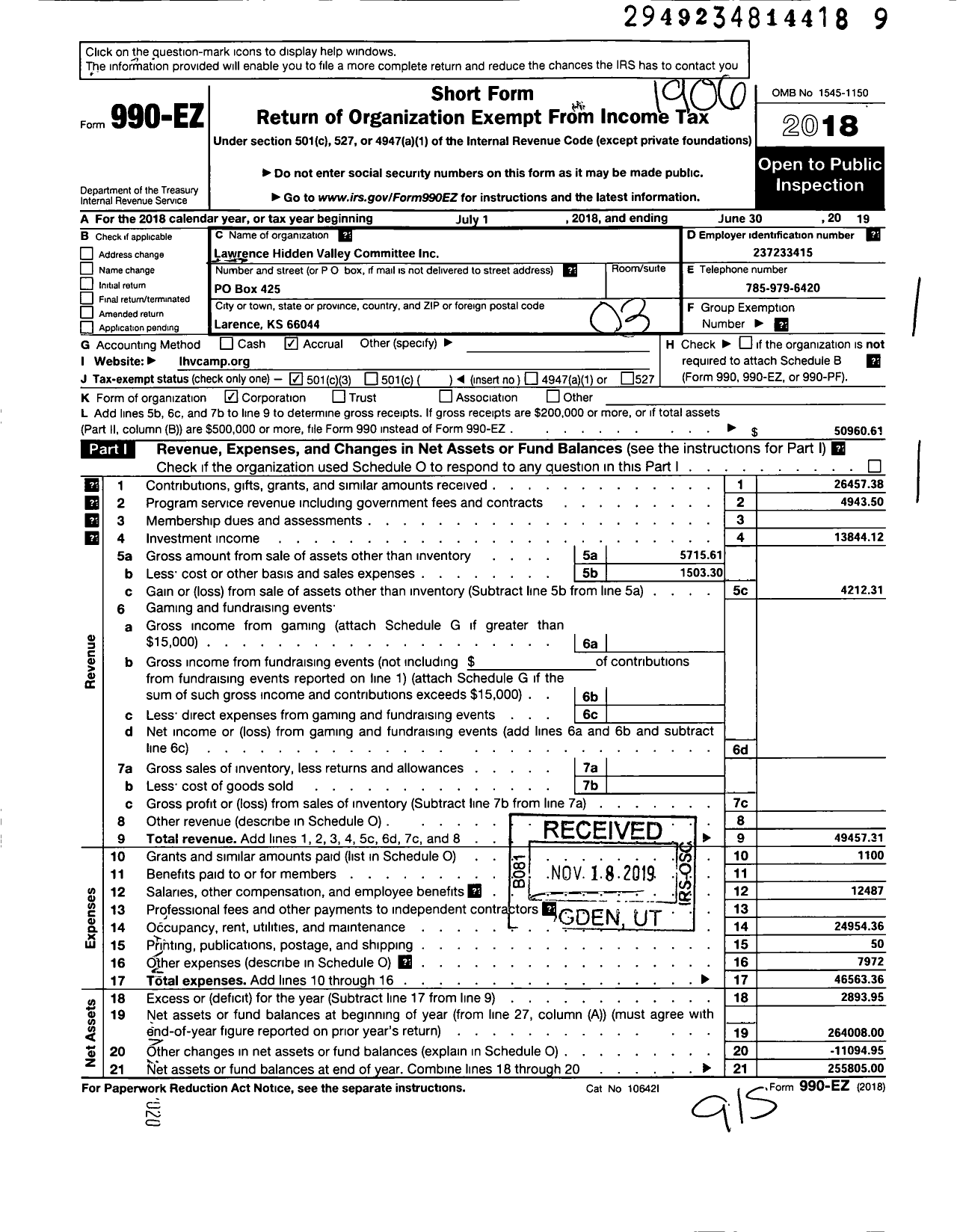 Image of first page of 2018 Form 990EZ for Lawrence Hidden Valley Committee