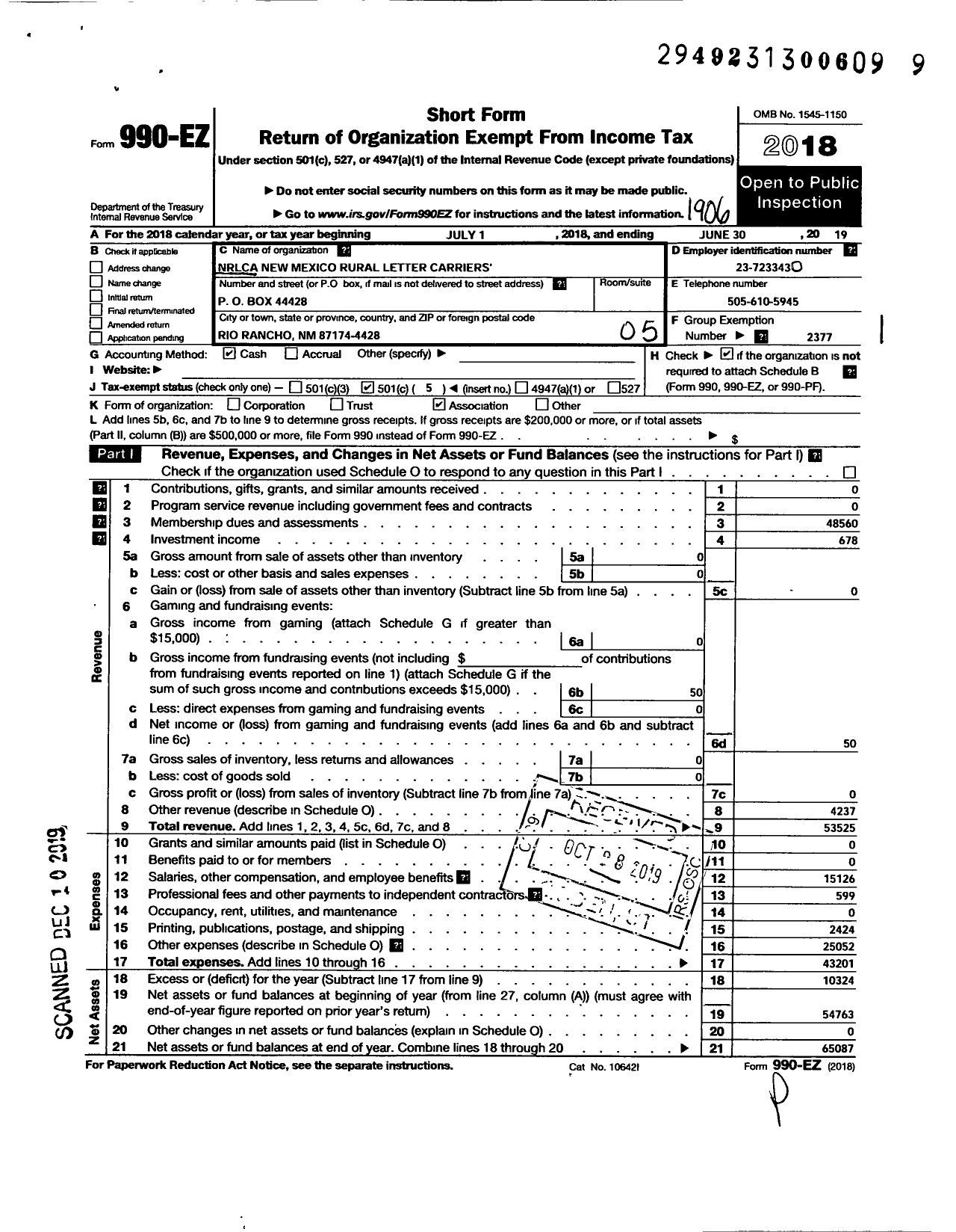 Image of first page of 2018 Form 990EO for National Rural Letter Carriers Association - New Mexico Rural Letter Carriers