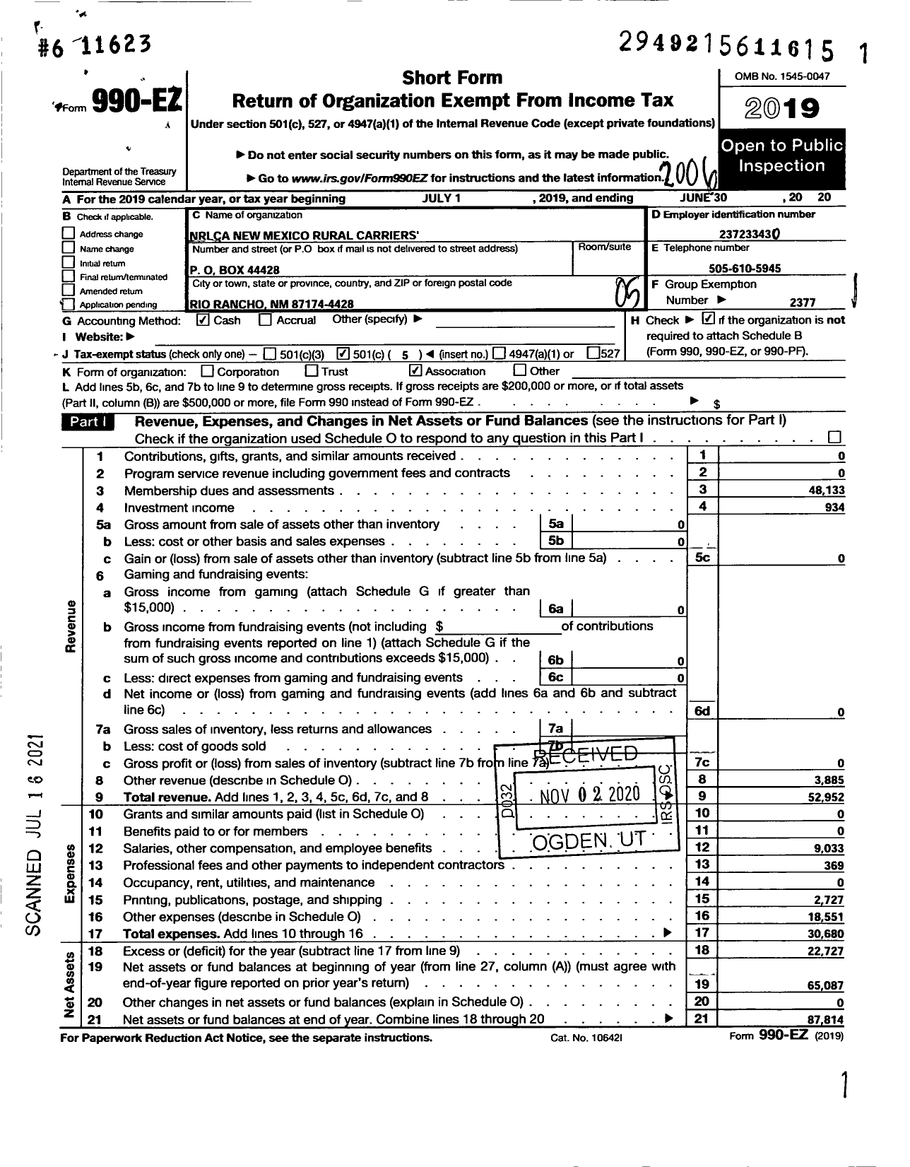 Image of first page of 2019 Form 990EO for National Rural Letter Carriers Association - New Mexico Rural Letter Carriers