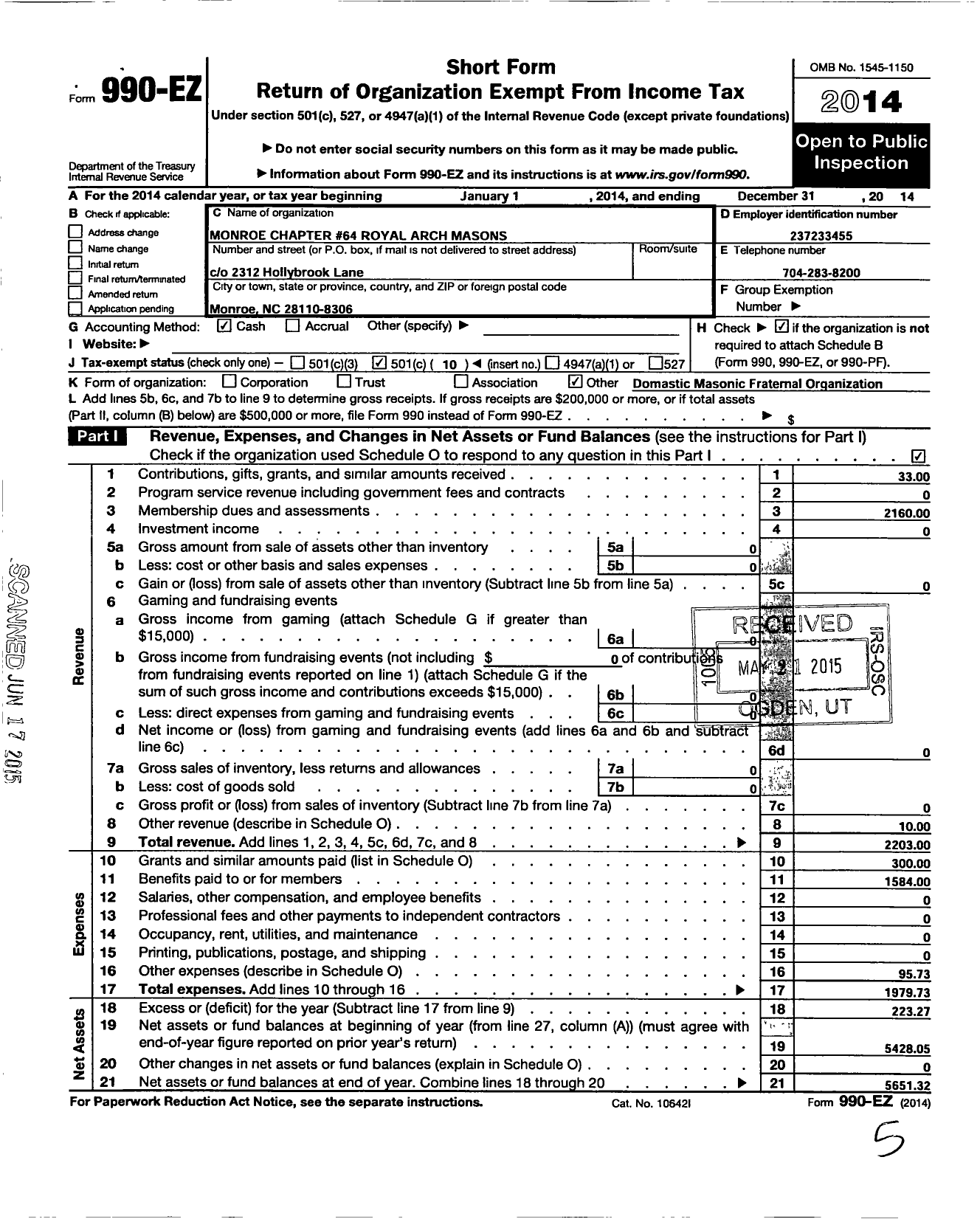 Image of first page of 2014 Form 990EO for Monroe Chapter No 64 Royal Arch Masons