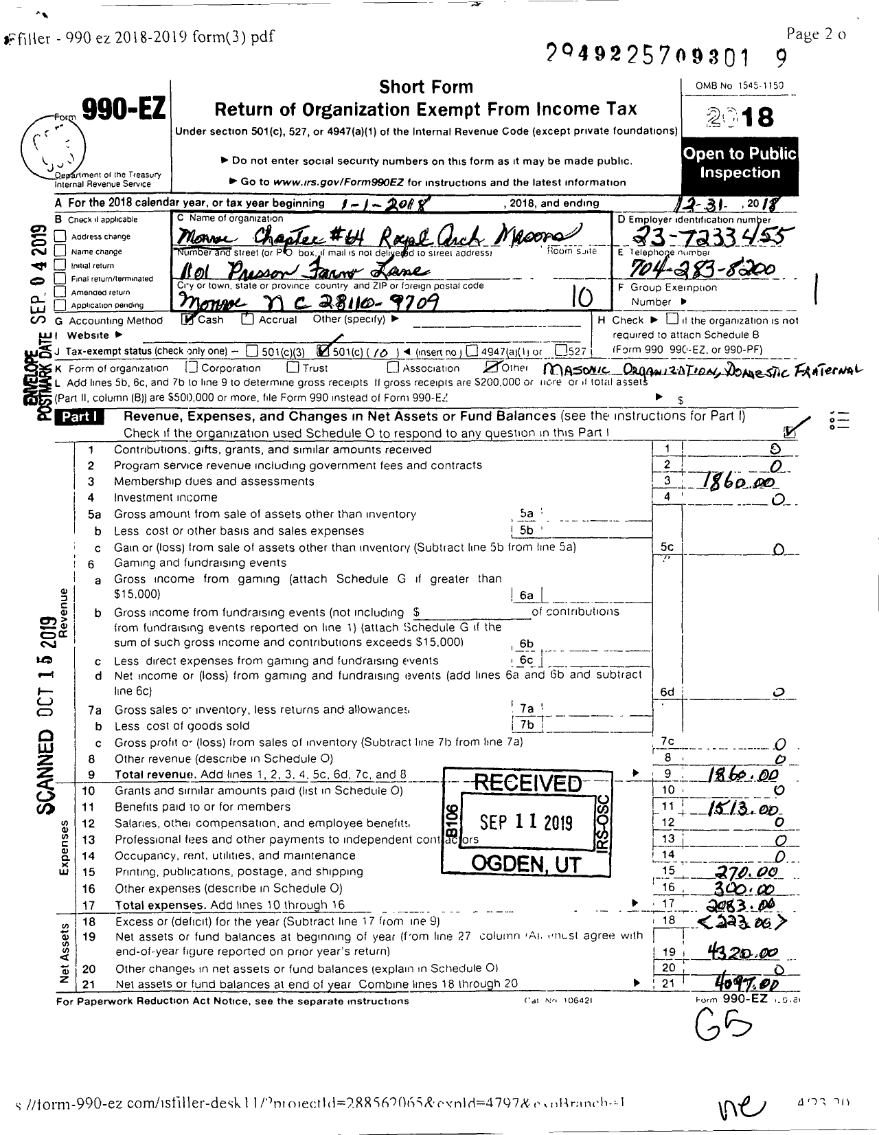 Image of first page of 2018 Form 990EO for Monroe Chapter No 64 Royal Arch Masons