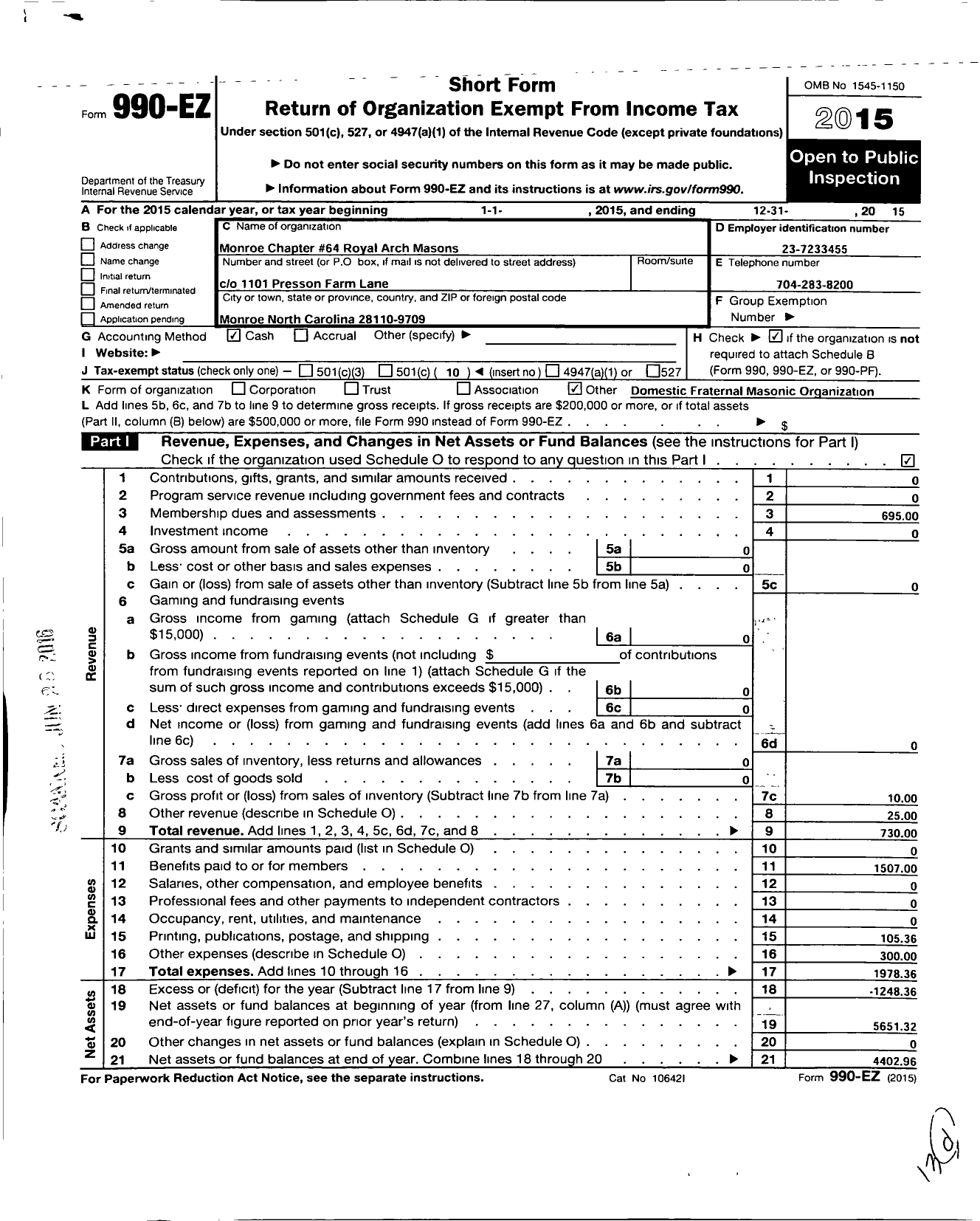 Image of first page of 2015 Form 990EO for Monroe Chapter No 64 Royal Arch Masons