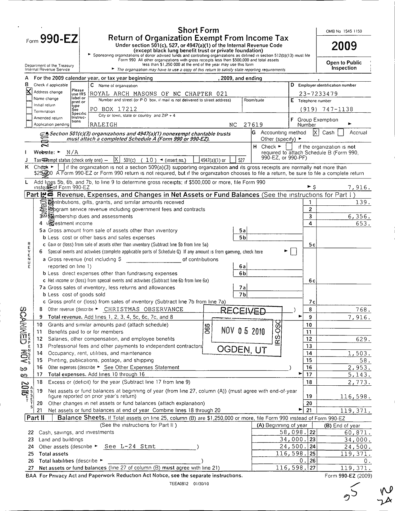 Image of first page of 2009 Form 990EO for Royal Arch Chapter of North Carolina - 10 Raleigh Chapter