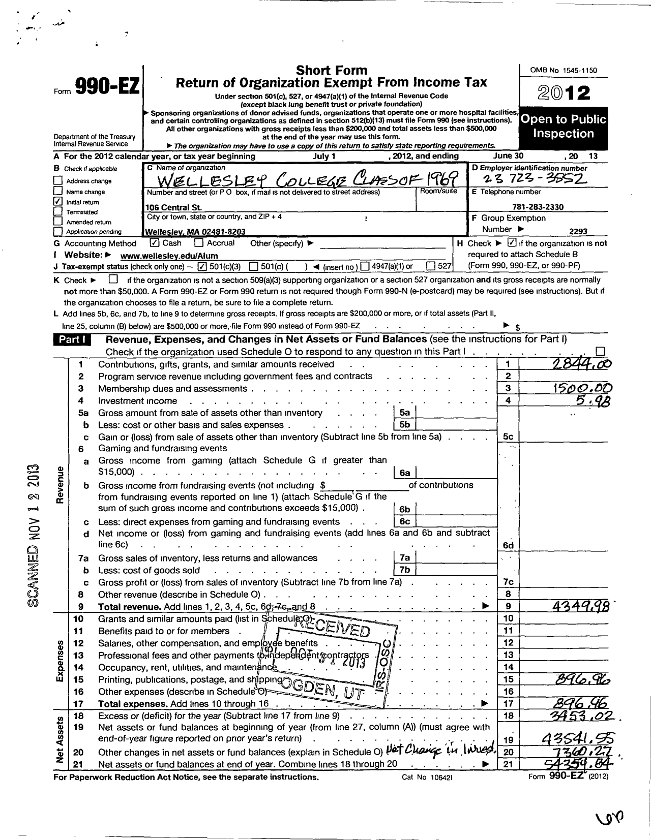 Image of first page of 2012 Form 990EZ for Wellesley College Alumnae Association - 1969 Class