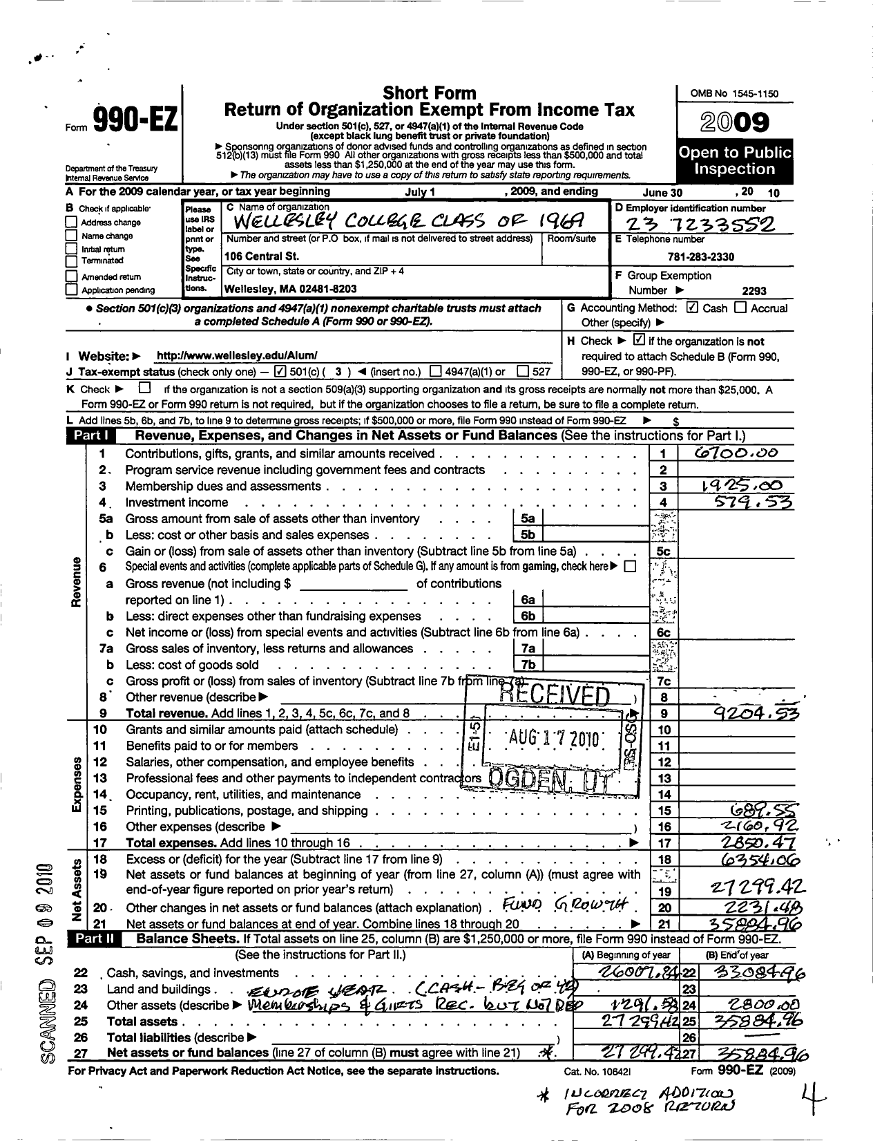 Image of first page of 2009 Form 990EZ for Wellesley College Alumnae Association - 1969 Class