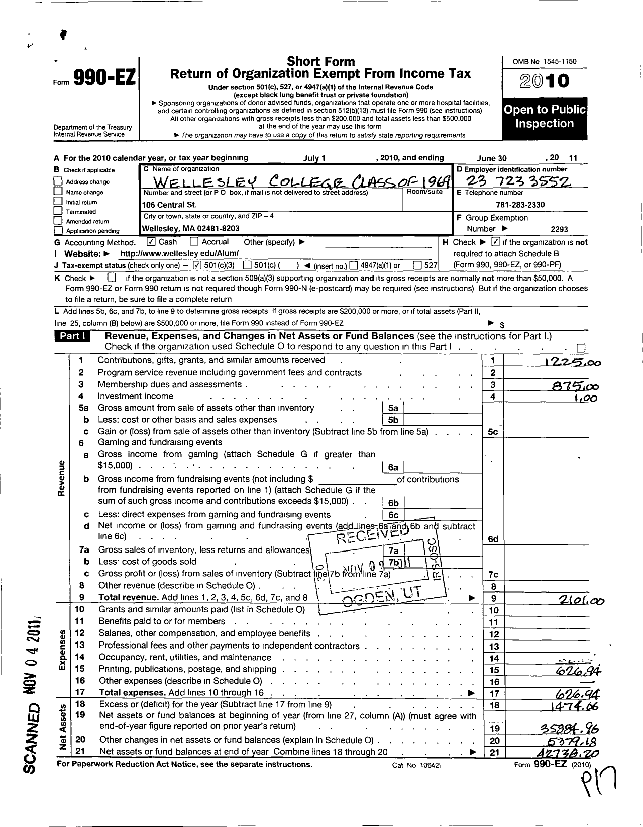 Image of first page of 2010 Form 990EZ for Wellesley College Alumnae Association - 1969 Class