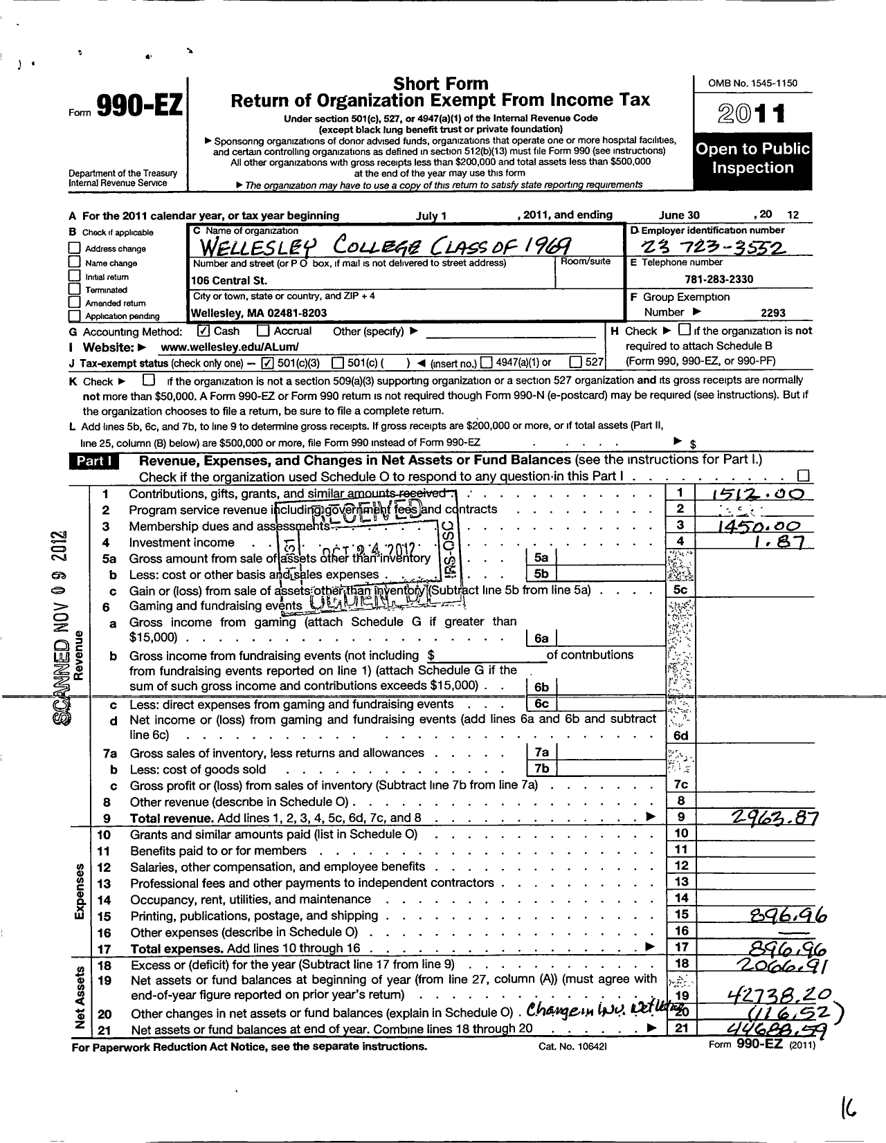 Image of first page of 2011 Form 990EZ for Wellesley College Alumnae Association - 1969 Class