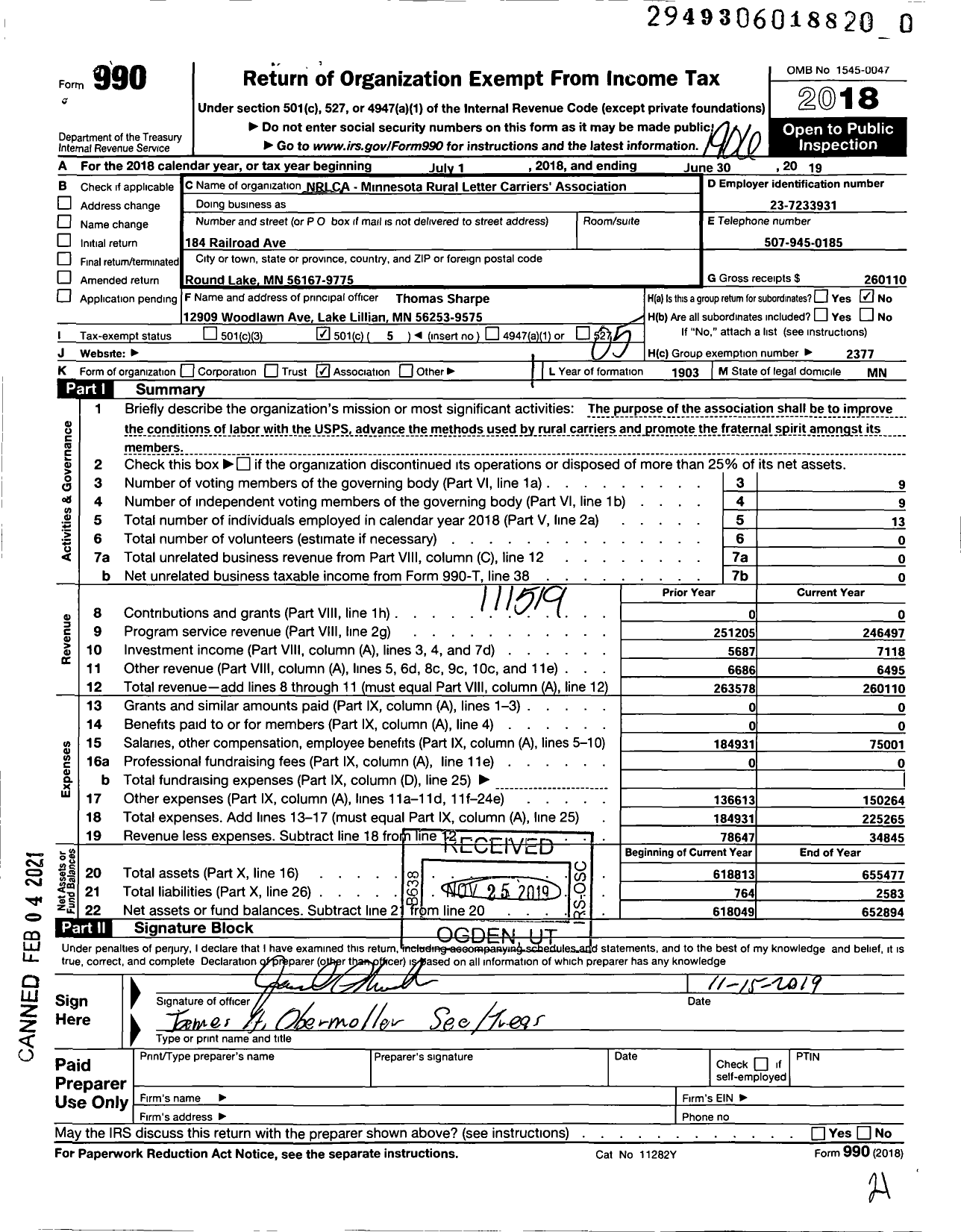 Image of first page of 2018 Form 990O for National Rural Letter Carriers Association - Minnesota Rural Letter Carriers Ass