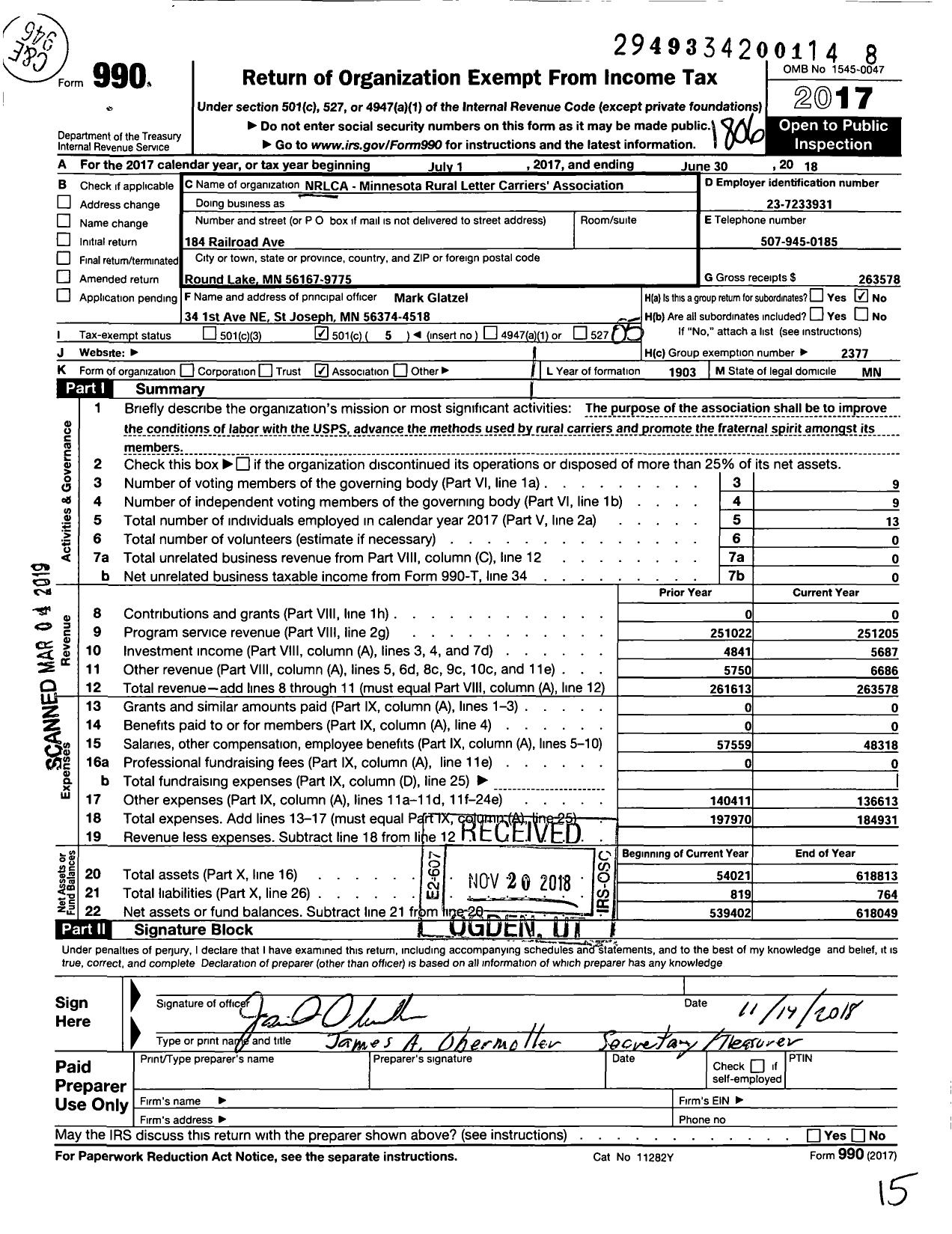 Image of first page of 2017 Form 990O for National Rural Letter Carriers Association - Minnesota Rural Letter Carriers Ass