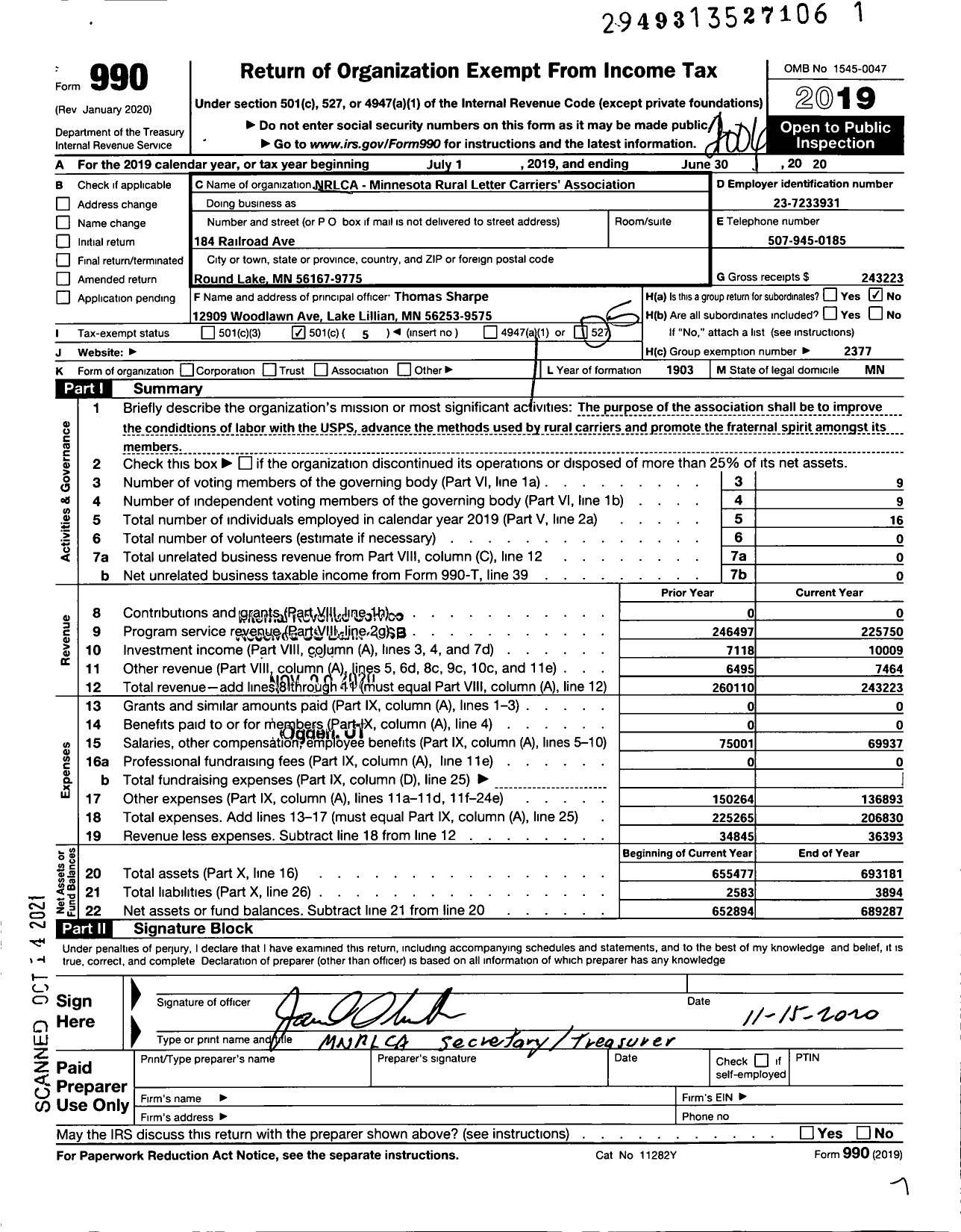 Image of first page of 2019 Form 990O for National Rural Letter Carriers Association - Minnesota Rural Letter Carriers Ass