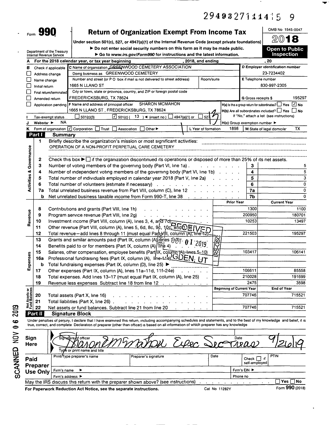 Image of first page of 2018 Form 990O for Greenwood Cemetery