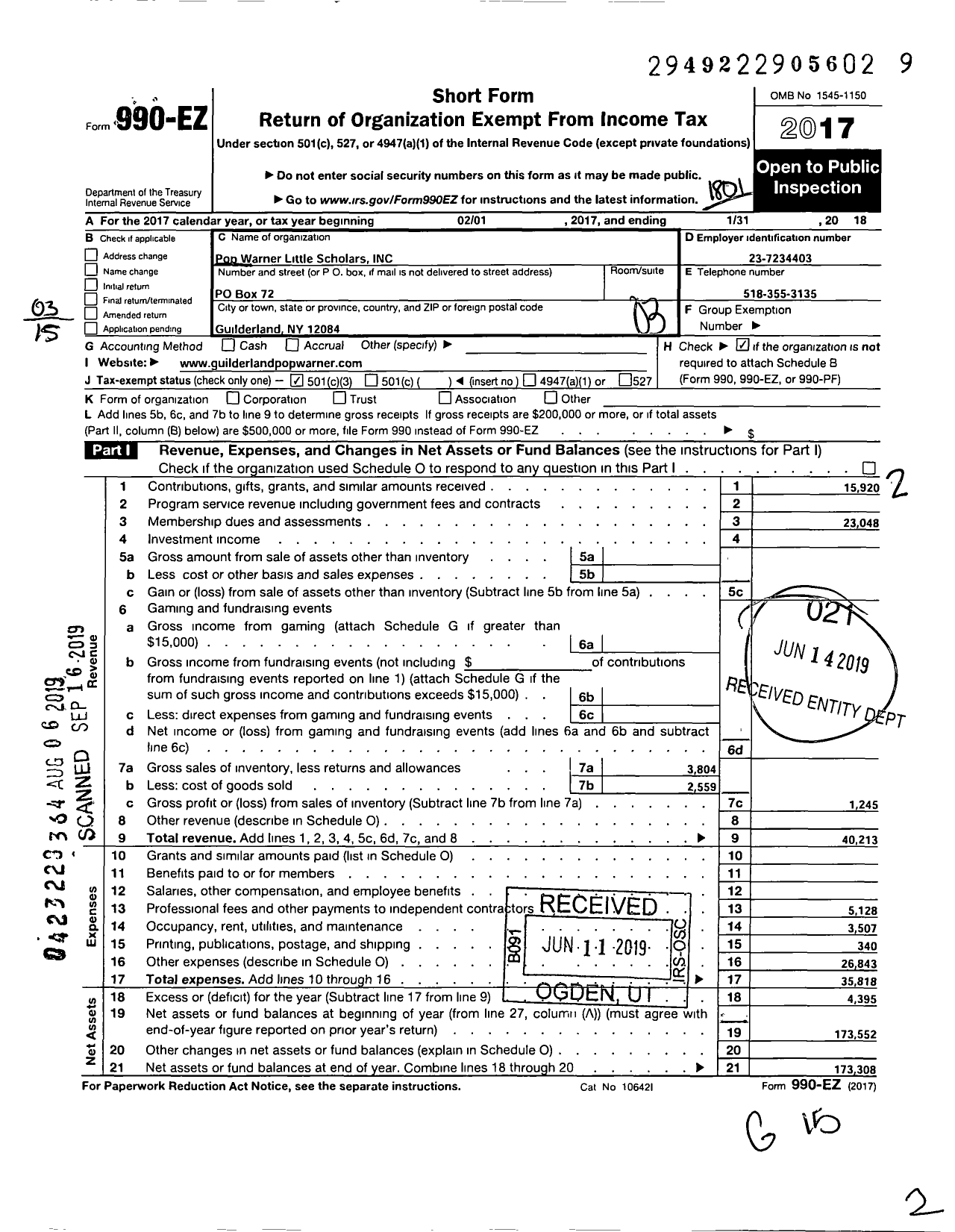 Image of first page of 2017 Form 990EZ for Pop Warner Little Scholars / Guilderland PW Football Assoc