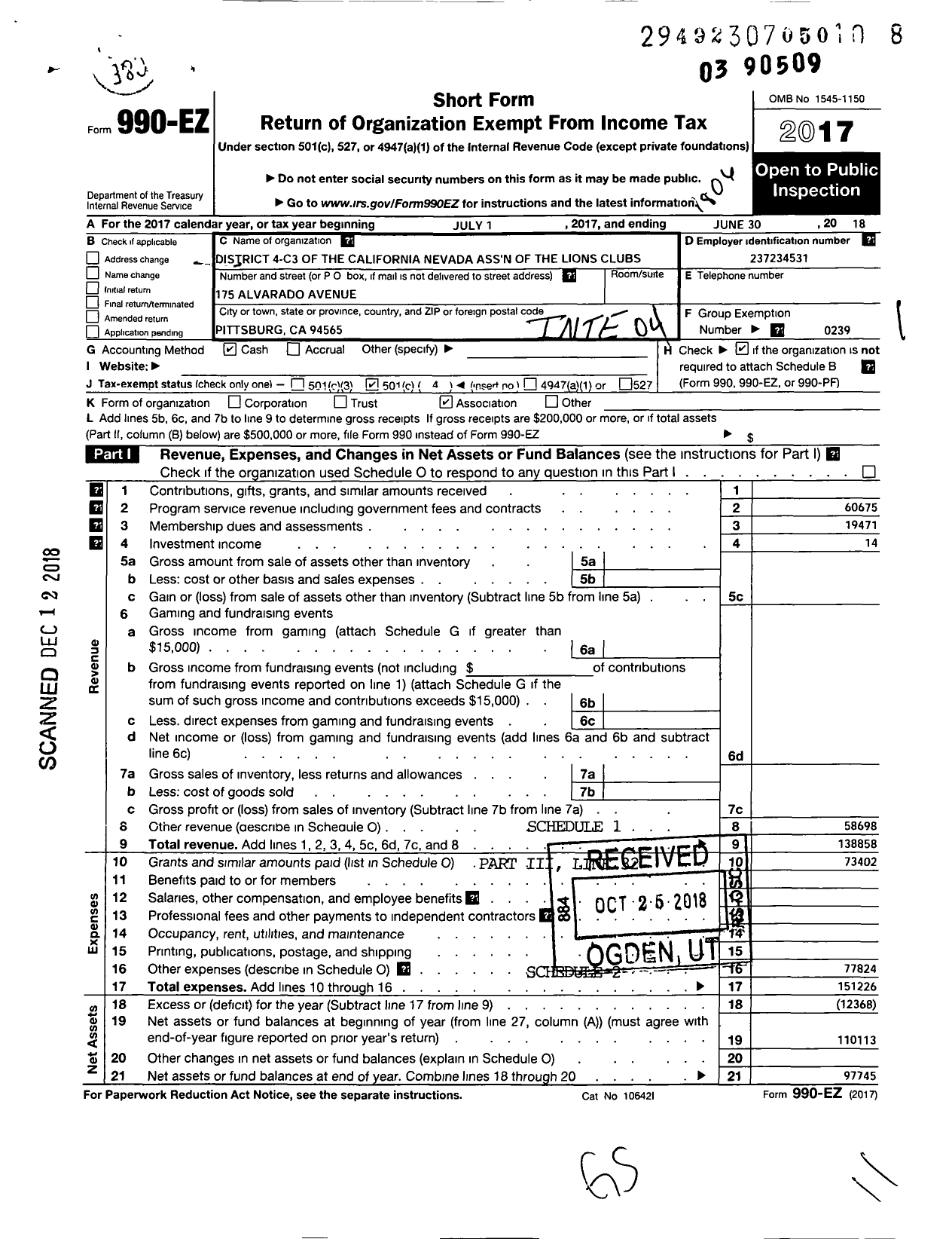 Image of first page of 2017 Form 990EO for Lions Clubs - 65568 4 C3 District