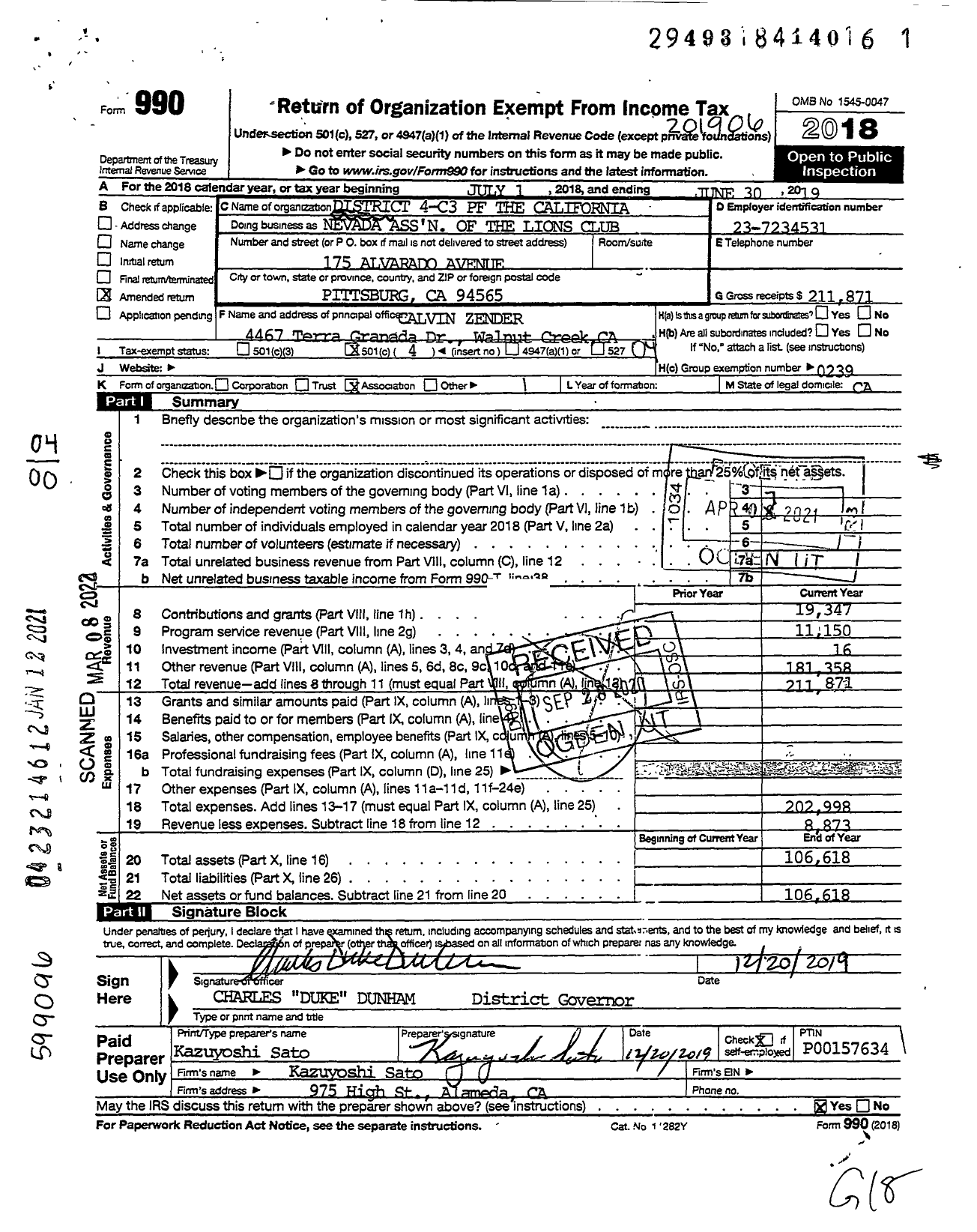 Image of first page of 2018 Form 990O for Lions Clubs - 65568 4 C3 District