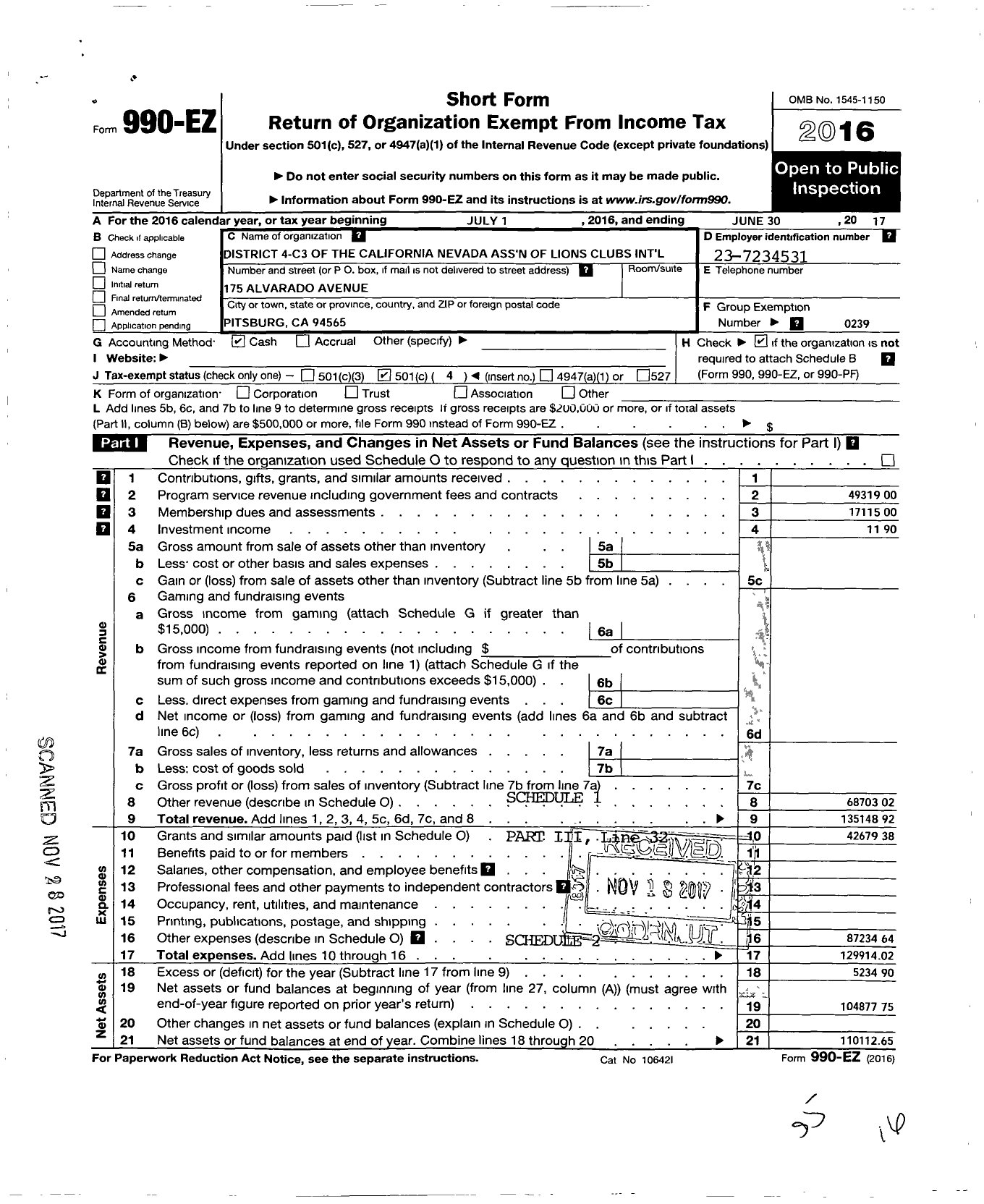 Image of first page of 2016 Form 990EO for Lions Clubs - 65568 4 C3 District