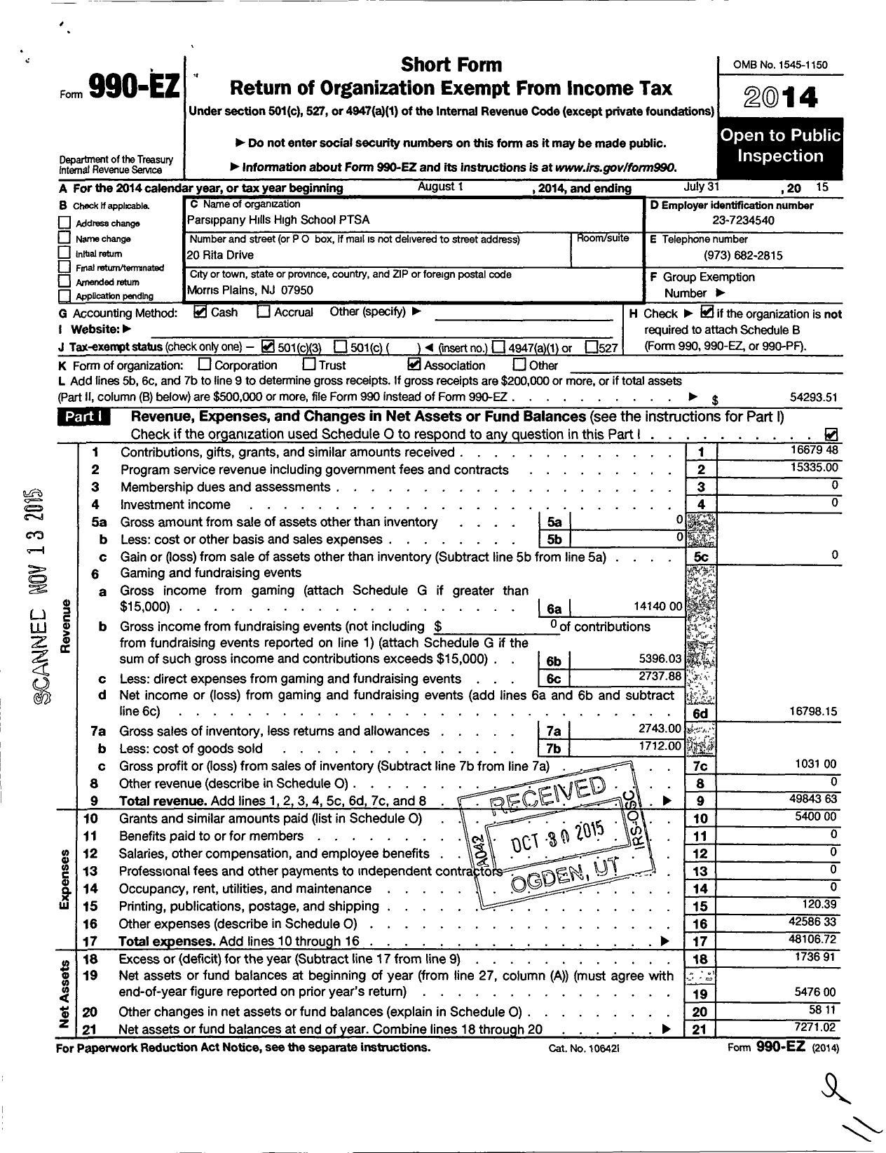 Image of first page of 2014 Form 990EZ for New Jersey PTA - 18942 Parsippany HLLS Hi SCH Ptsa