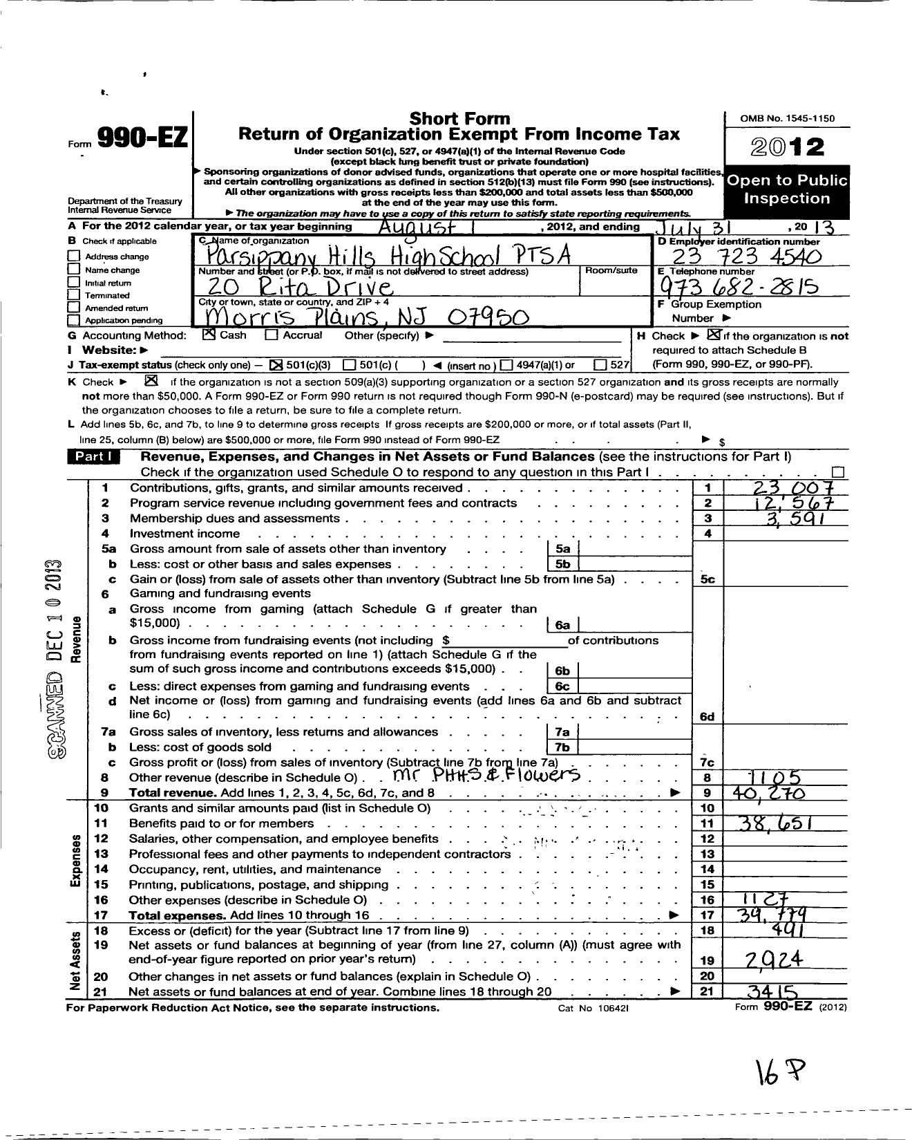 Image of first page of 2012 Form 990EZ for New Jersey PTA - 18942 Parsippany HLLS Hi SCH Ptsa