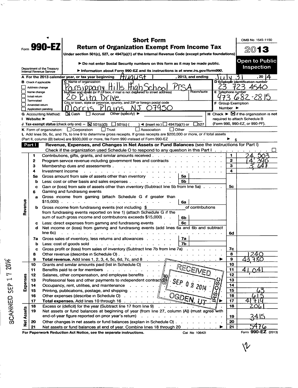 Image of first page of 2013 Form 990EZ for New Jersey PTA - 18942 Parsippany HLLS Hi SCH Ptsa