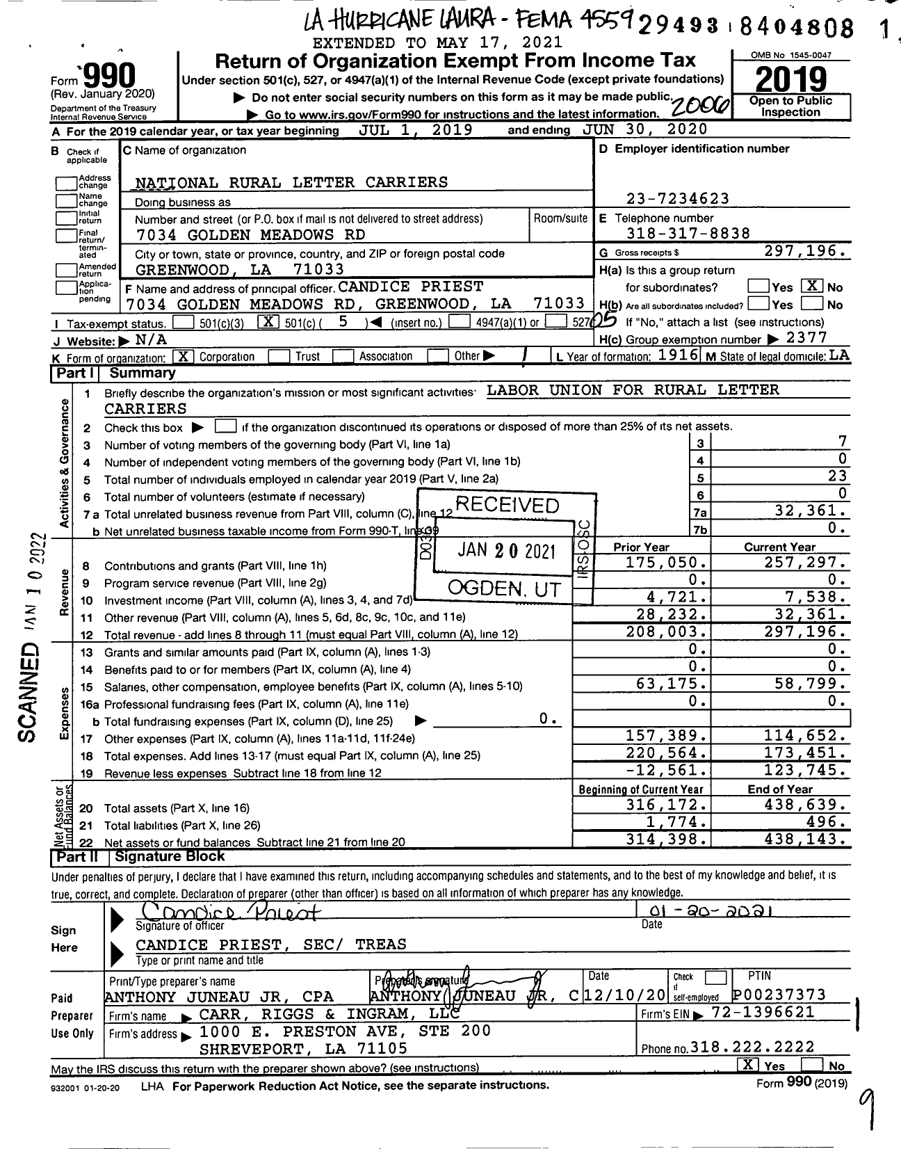 Image of first page of 2019 Form 990O for National Rural Letter Carriers Association - Louisiana Rural Letter Carriers Ass